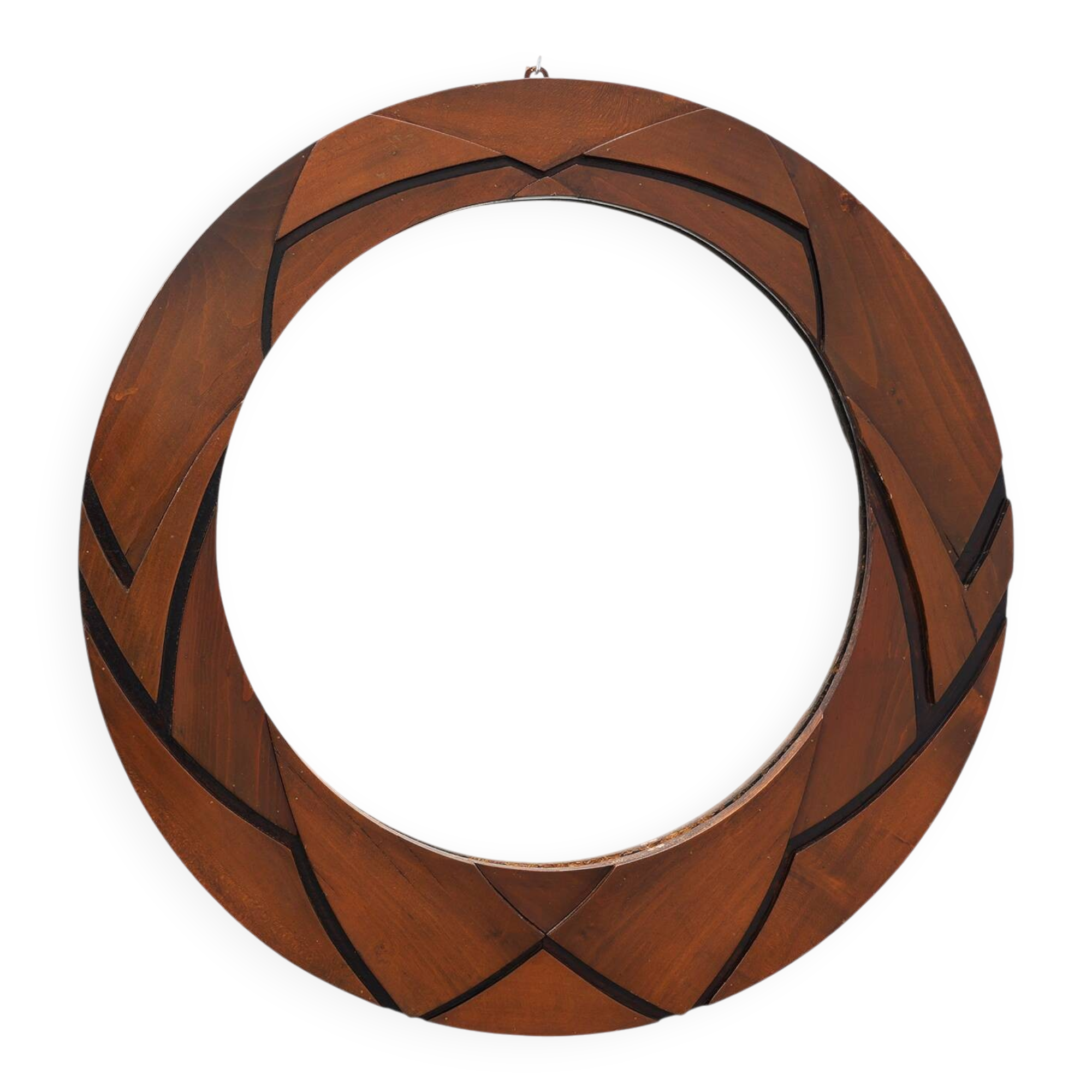 Belgian Art Deco Round Mirror with Geometric Wooden Frame, circa 1920