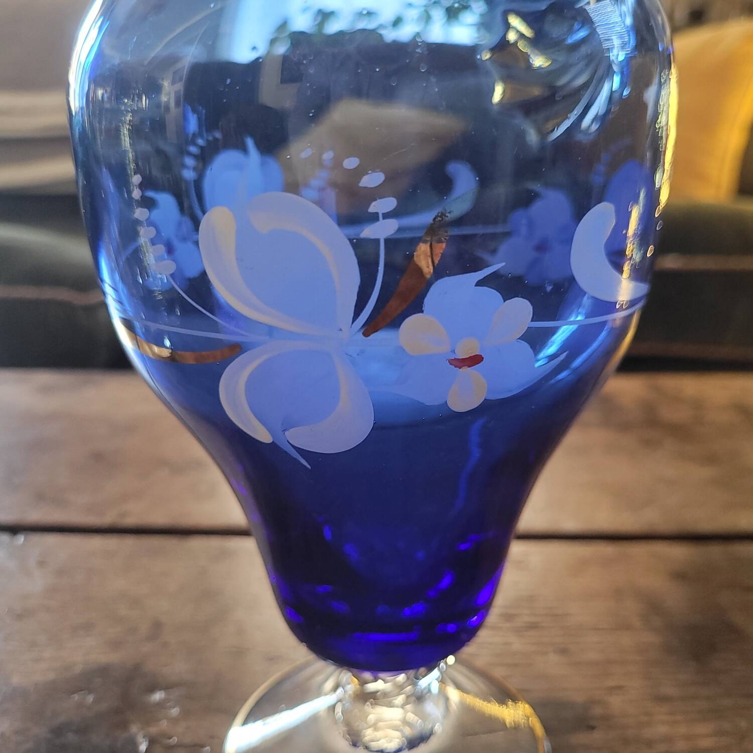 Ewer/pitcher, cobalt blue glass, enameled with flowers, 1950s-60s