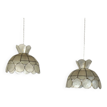 Pair of capiz shell pendant lights from the 1950s.