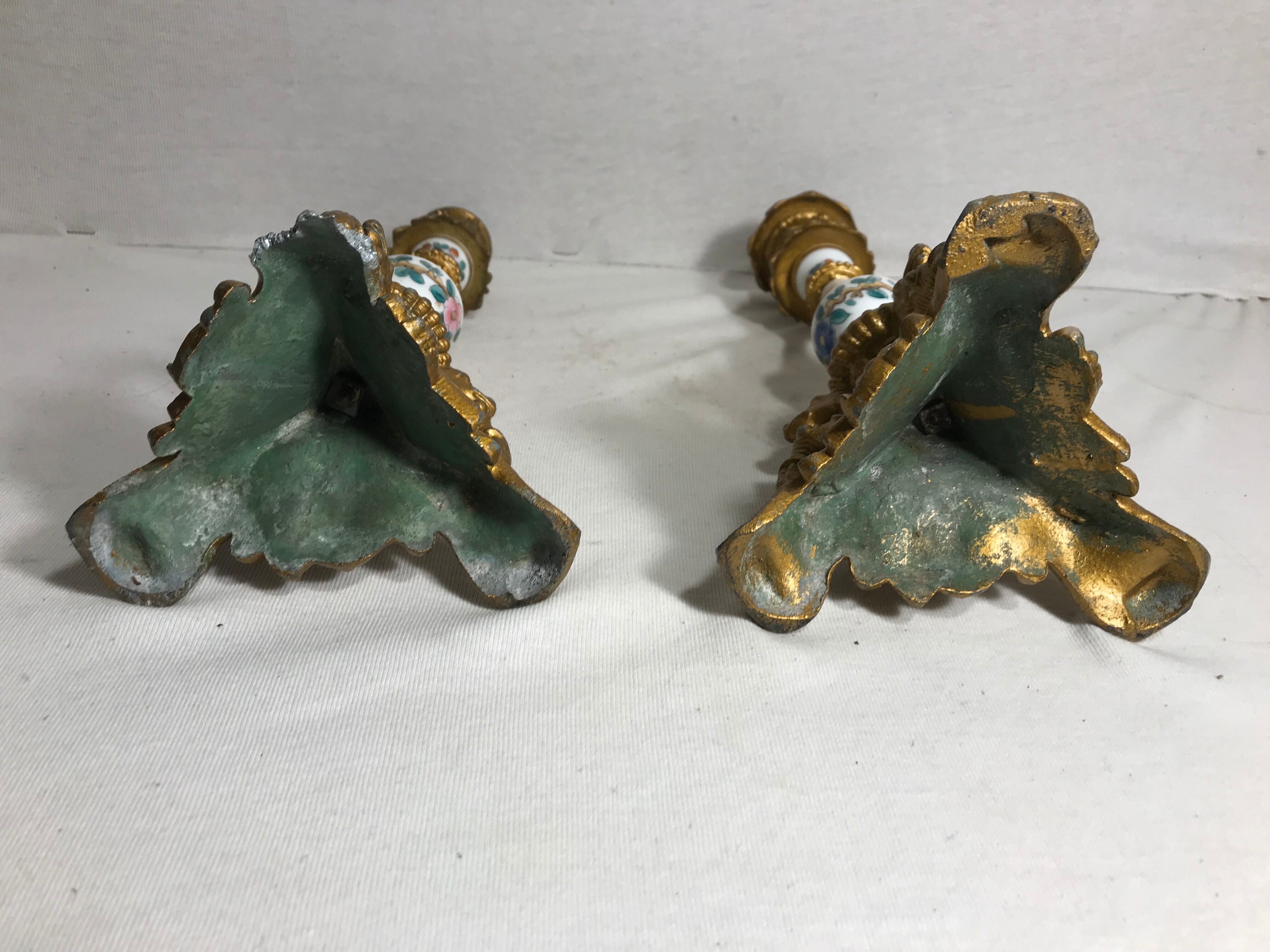 Pair old candlestick tripod Metal Gold seahorse + ceramic painted Vintage