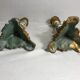 Pair old candlestick tripod Metal Gold seahorse + ceramic painted Vintage