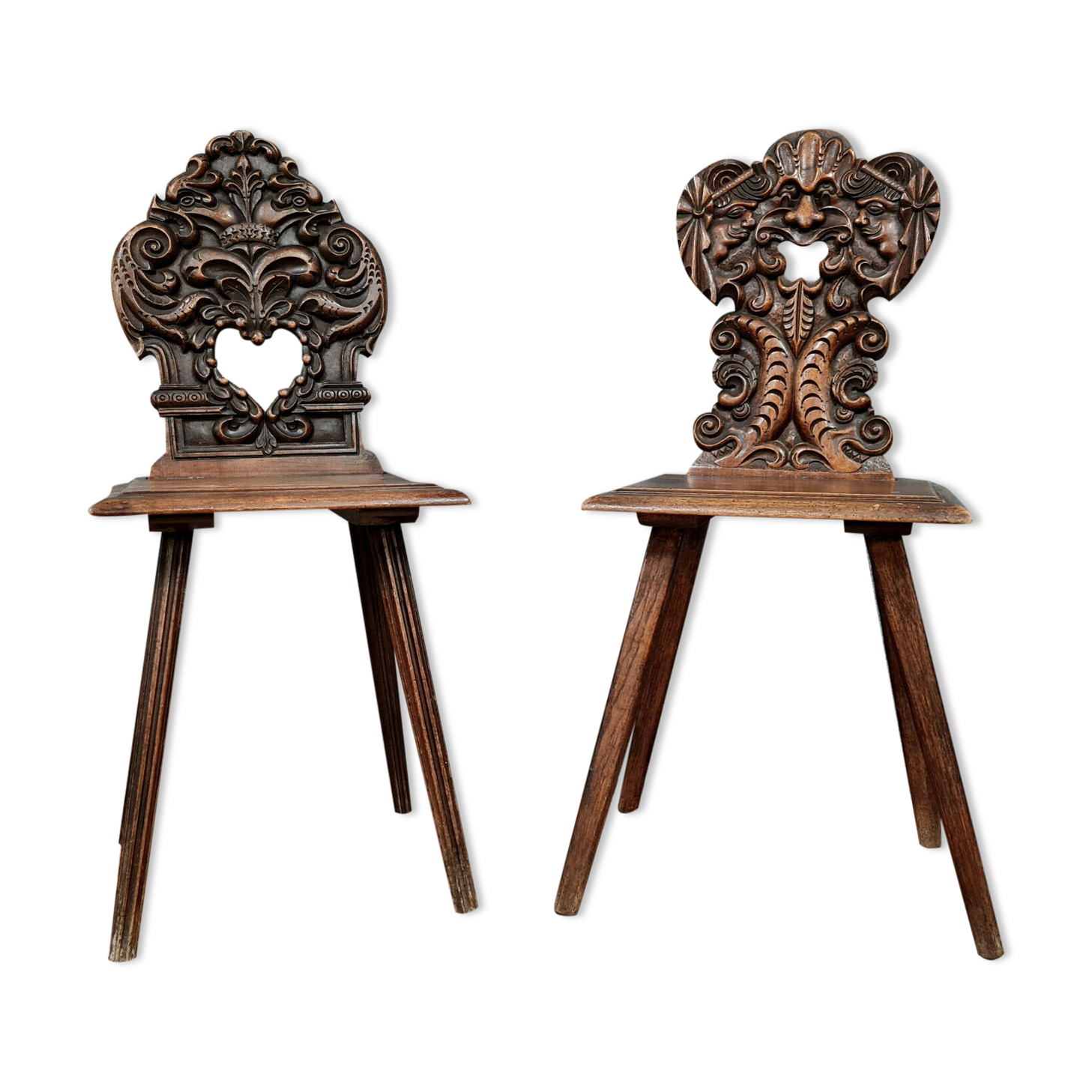 Set of chairs called Sgabello Renaissance style in solid walnut around 1850
