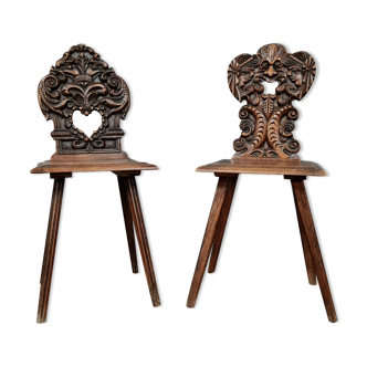 Set of chairs called Sgabello Renaissance style in solid walnut around 1850