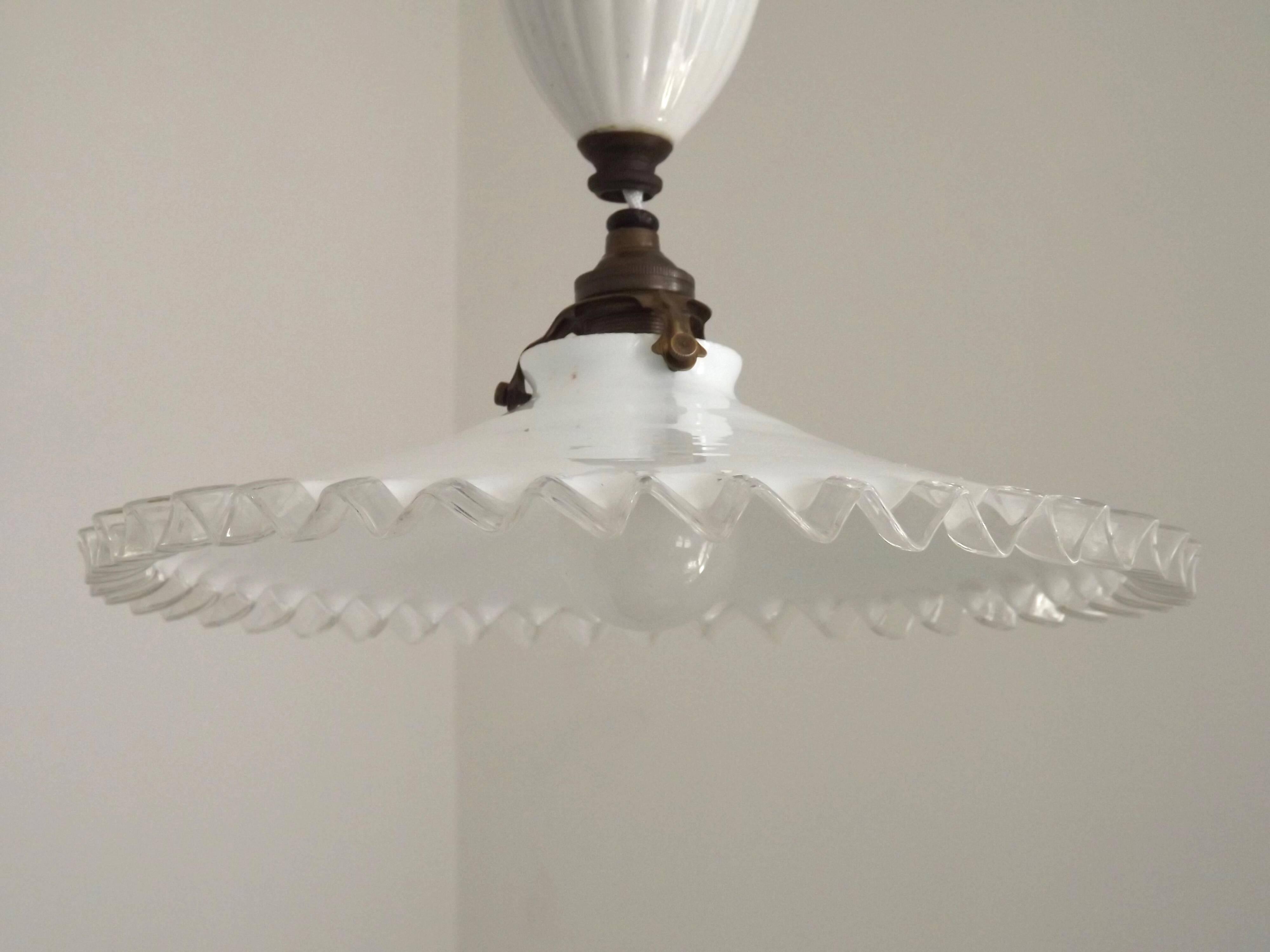 French Counter Balance Ceiling Light White Porcelain & Opaline Glass Shade