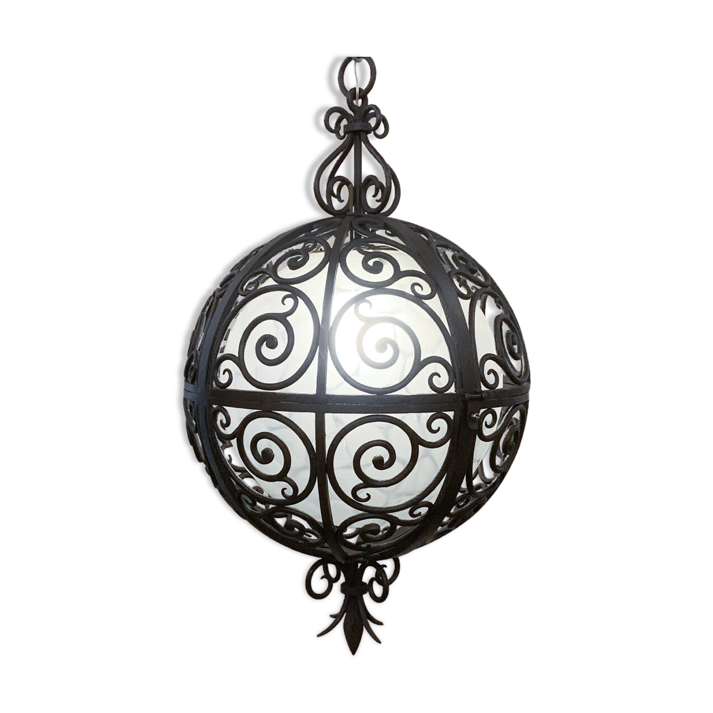 Wrought iron round suspension with interior glass sphere, c.1930