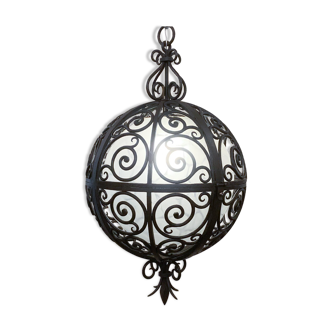 Wrought iron round suspension with interior glass sphere, c.1930