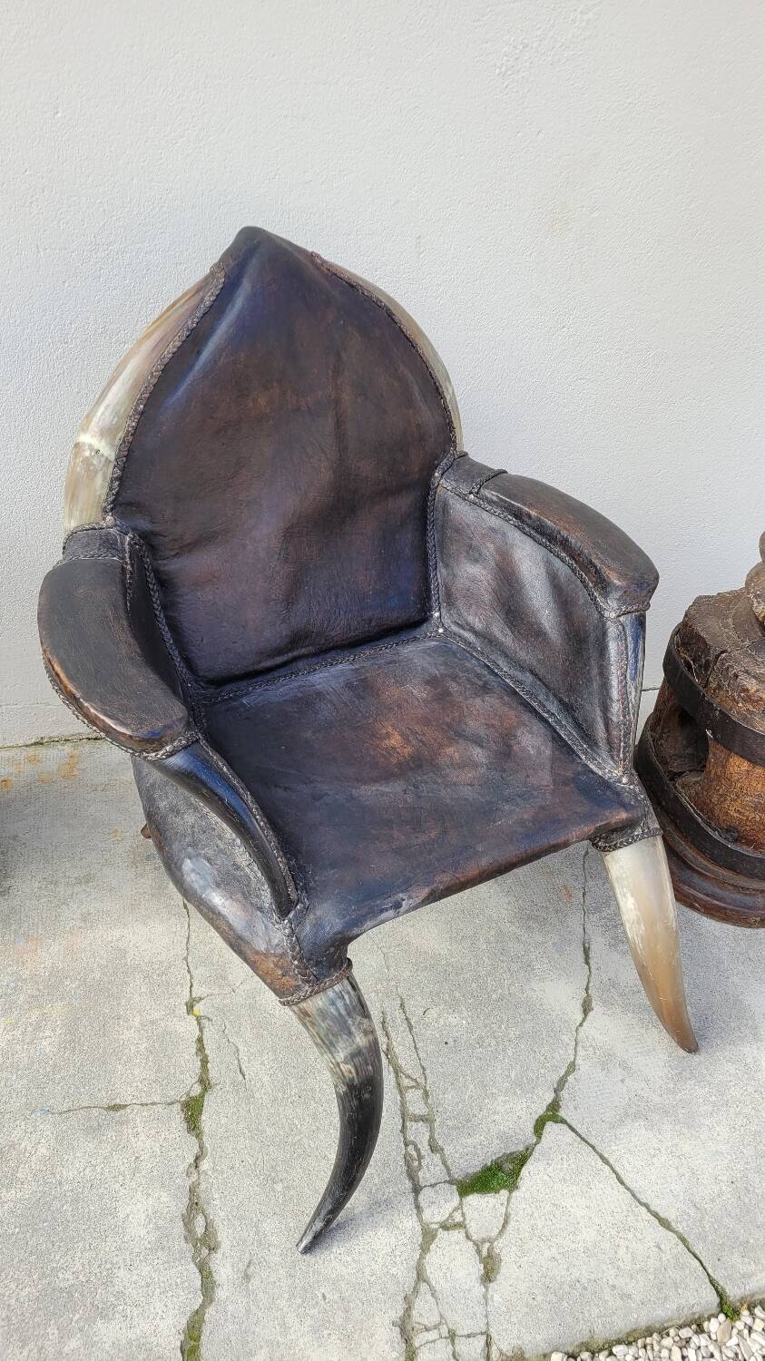 Fauteuil en corne et cuir ancien - 1950s