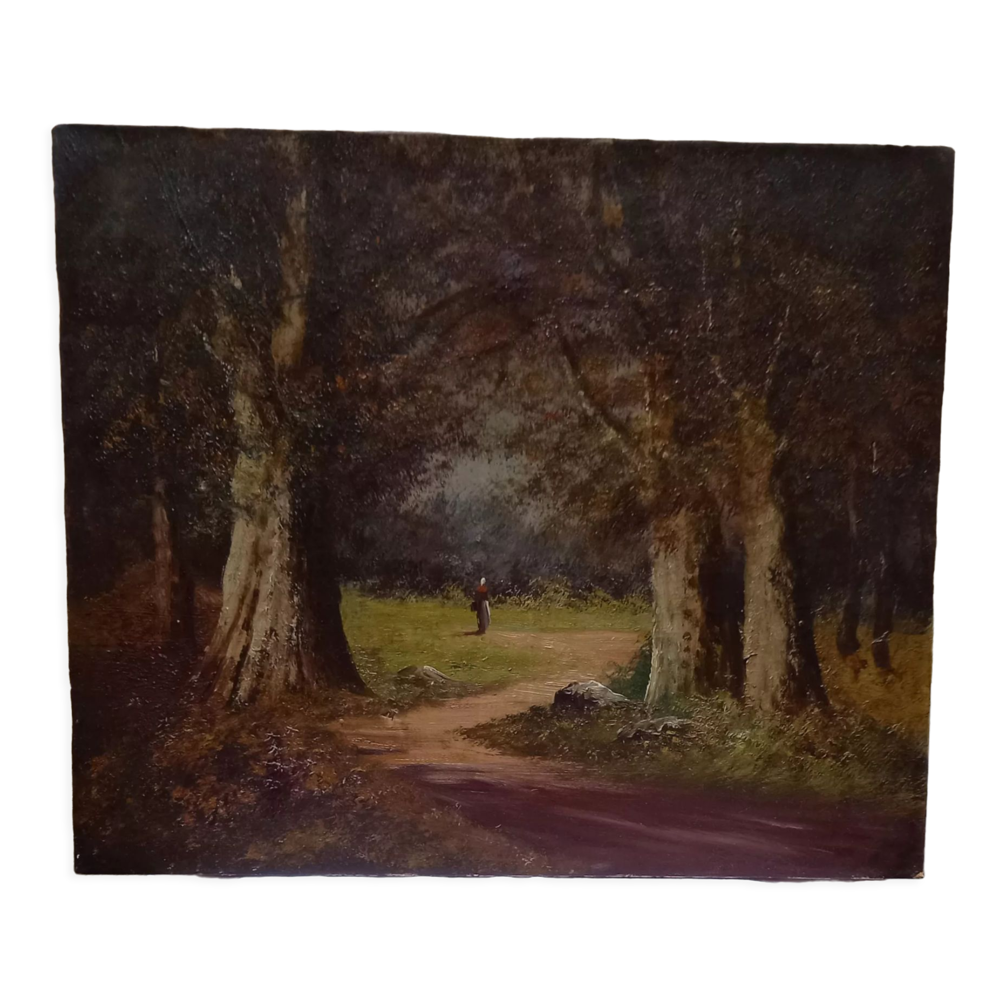 Old painting, oil on canvas representing a forest scene, early twentieth century