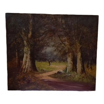 Old painting, oil on canvas representing a forest scene, early twentieth century