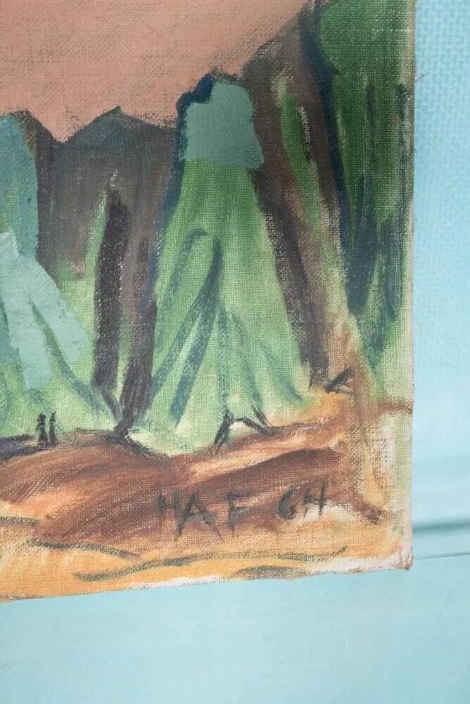 Danish tableau from the 1960s on canvas, colourful art of mountains and valleys.