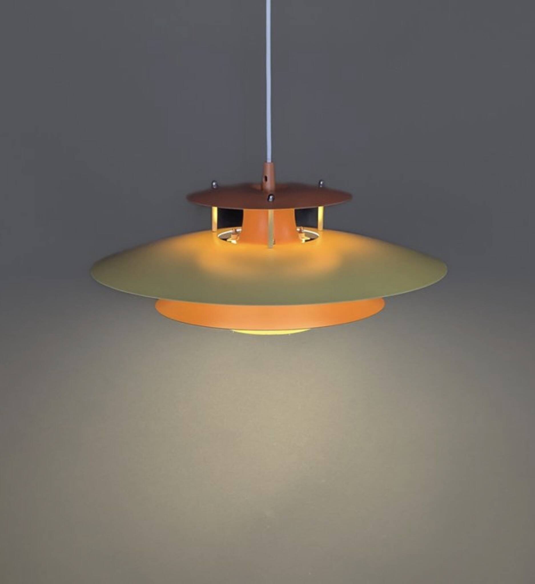 Vintage Danish metal pendant light in orange and yellow – 1970s