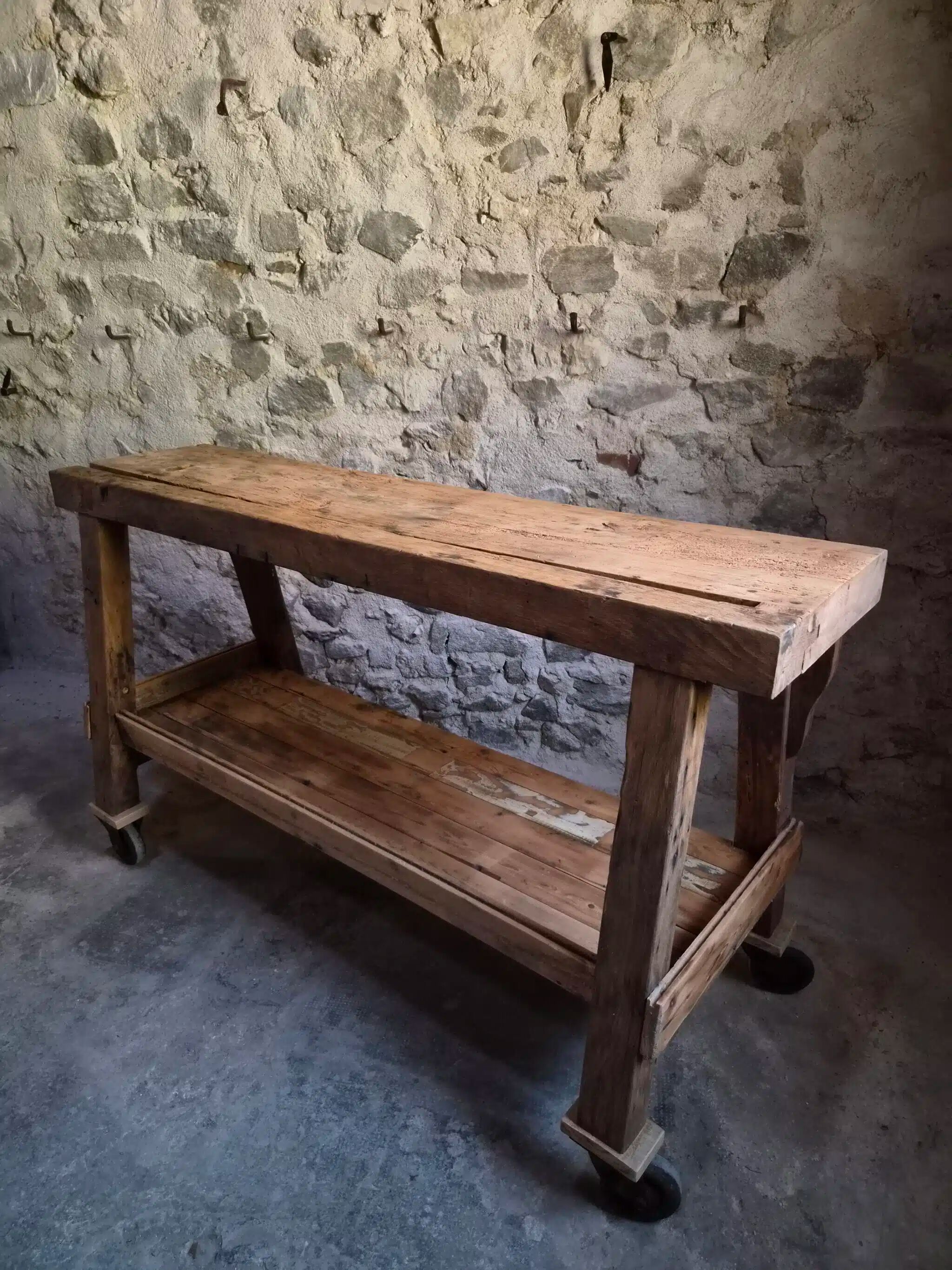 French industrial kitchen island, antique work table in chestnut and oak, circa 1900.