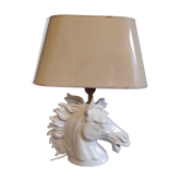 White ceramic horse head lamp beige lampshade and golden interior