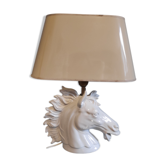 White ceramic horse head lamp beige lampshade and golden interior