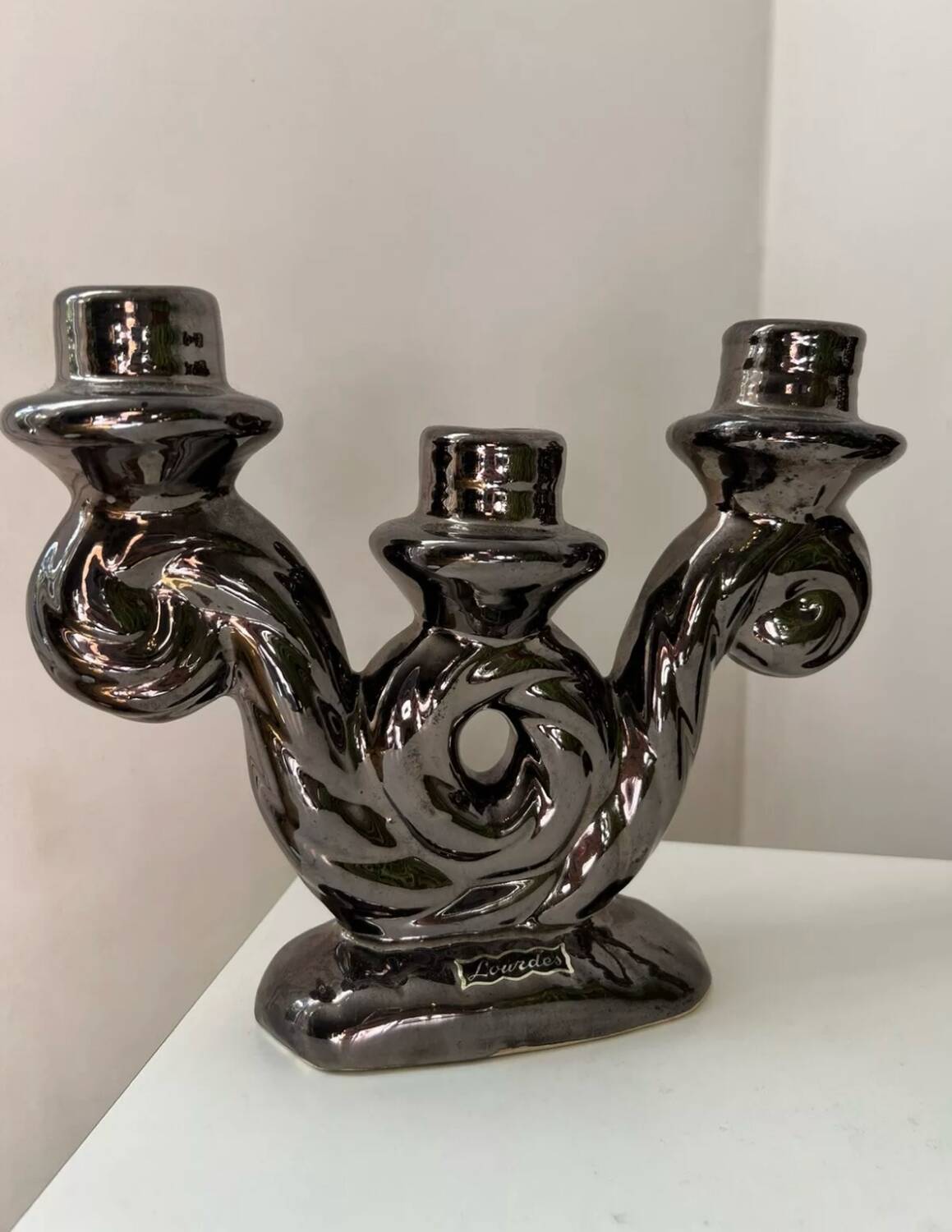 Pair of vintage iridescent black candlesticks, Vallauris style