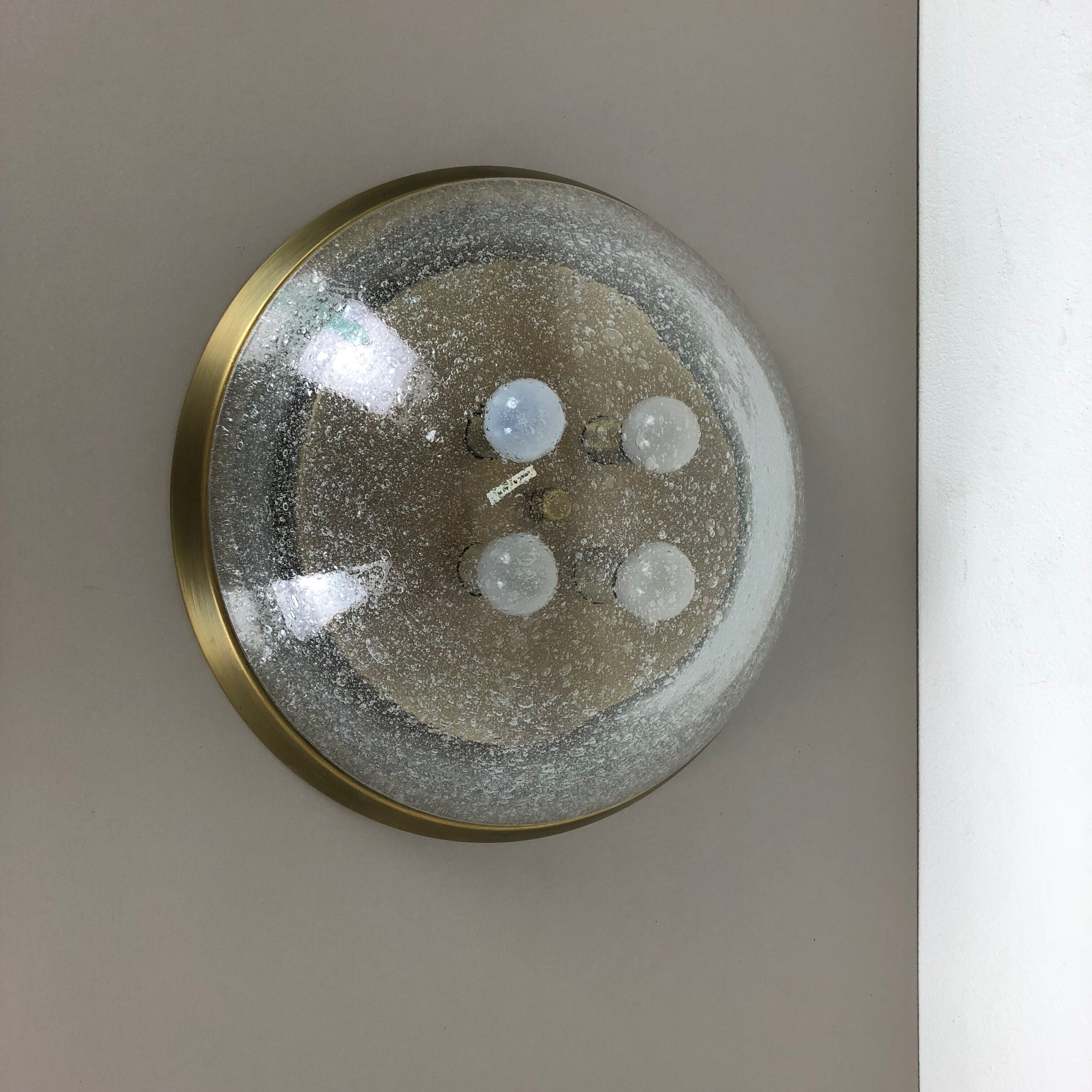 Ice glass bubble brass ceiling light by Hillebrand Leuchten, Germany, 1970s