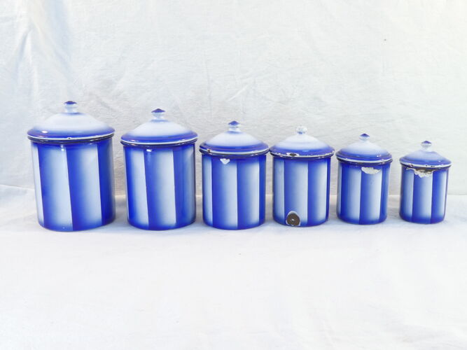 Serie de 6 pots a epices bleu et blanc et tole emaillée