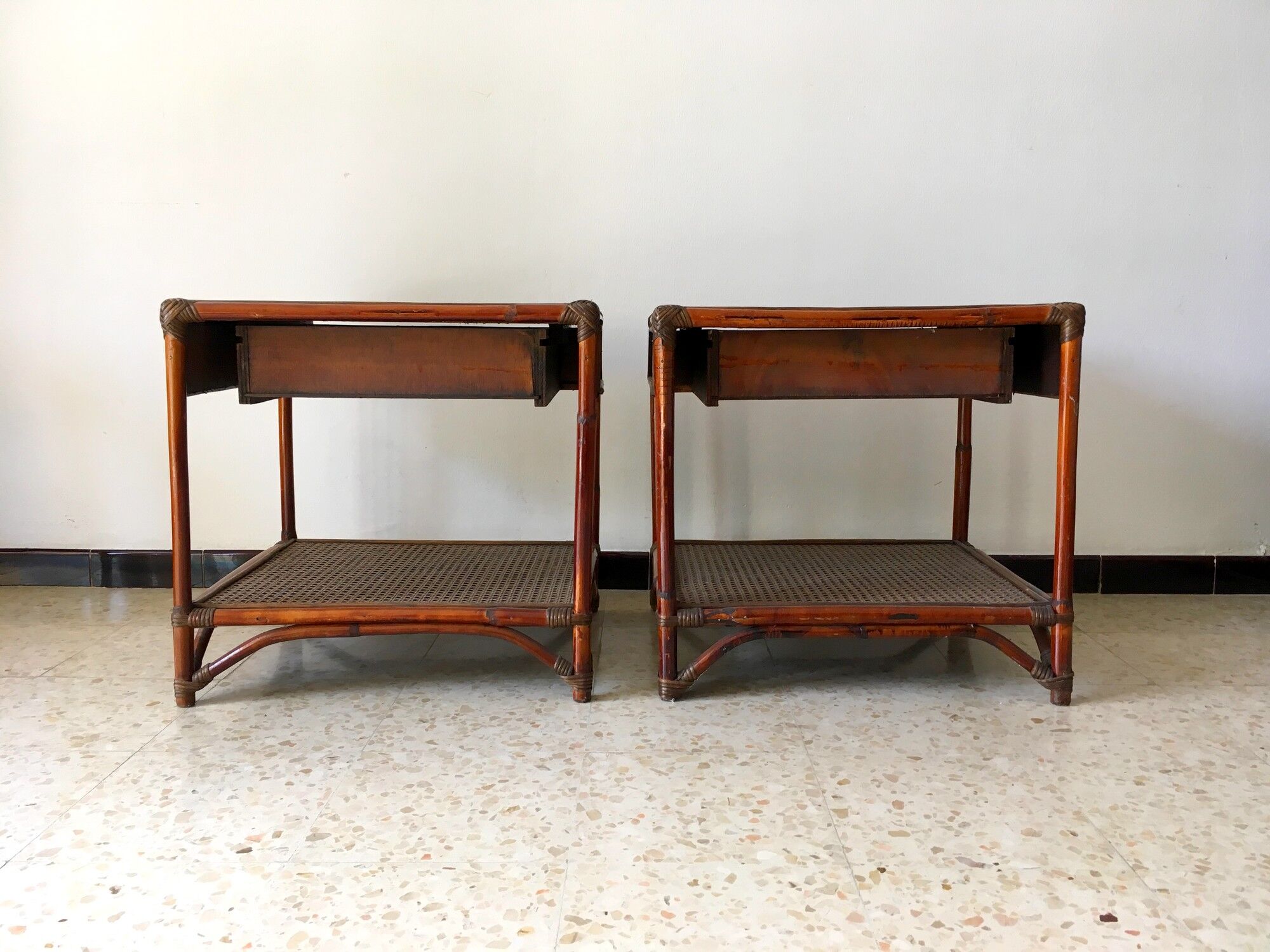 2 vintage rattan bedside tables 70's