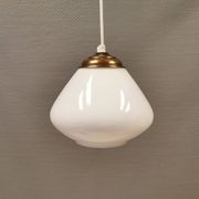 Beautiful ball-shaped hanging lamp in white opal glass with brass top.