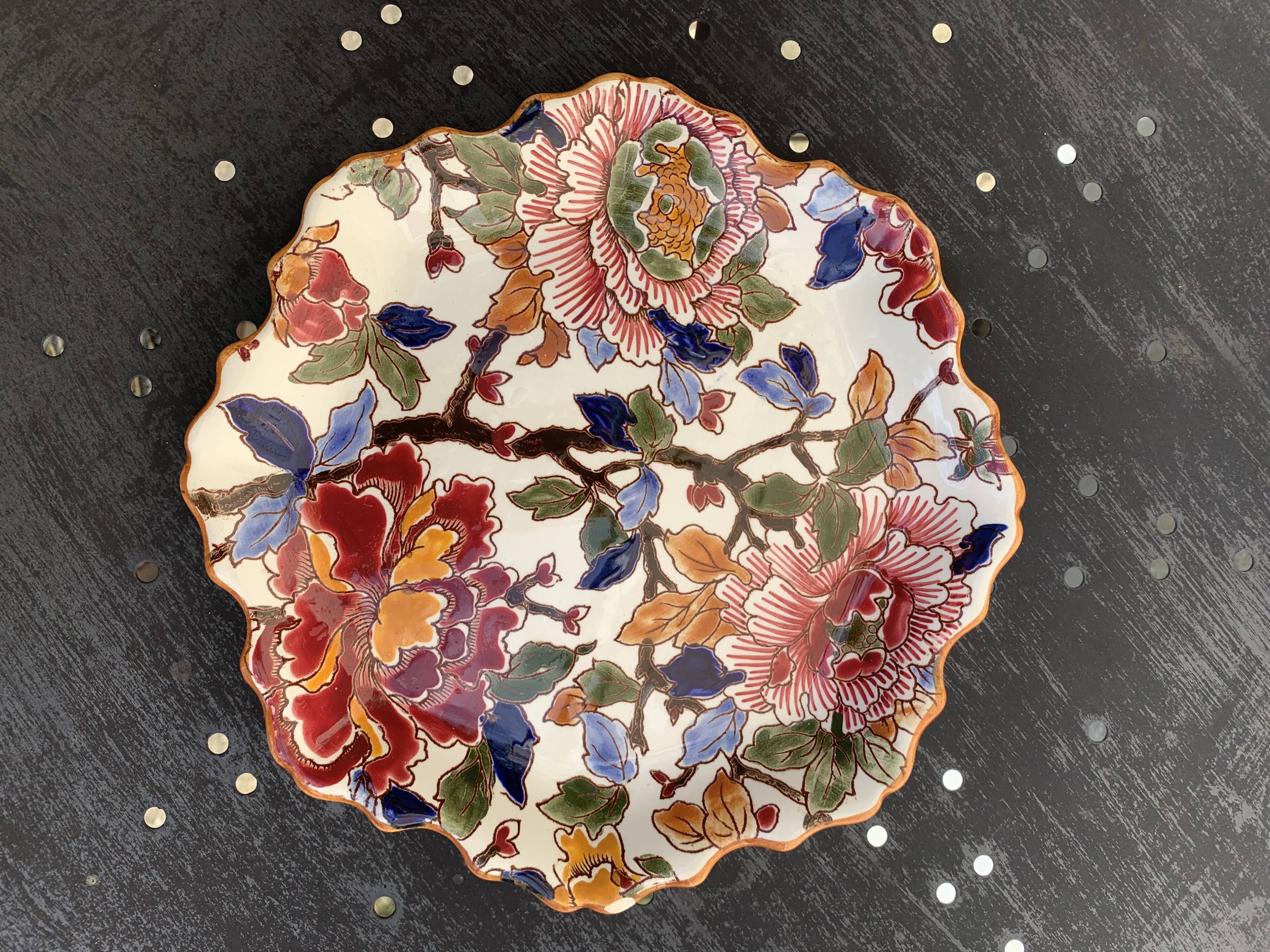 Collection plate gien france peonies, hand painted, vintage
