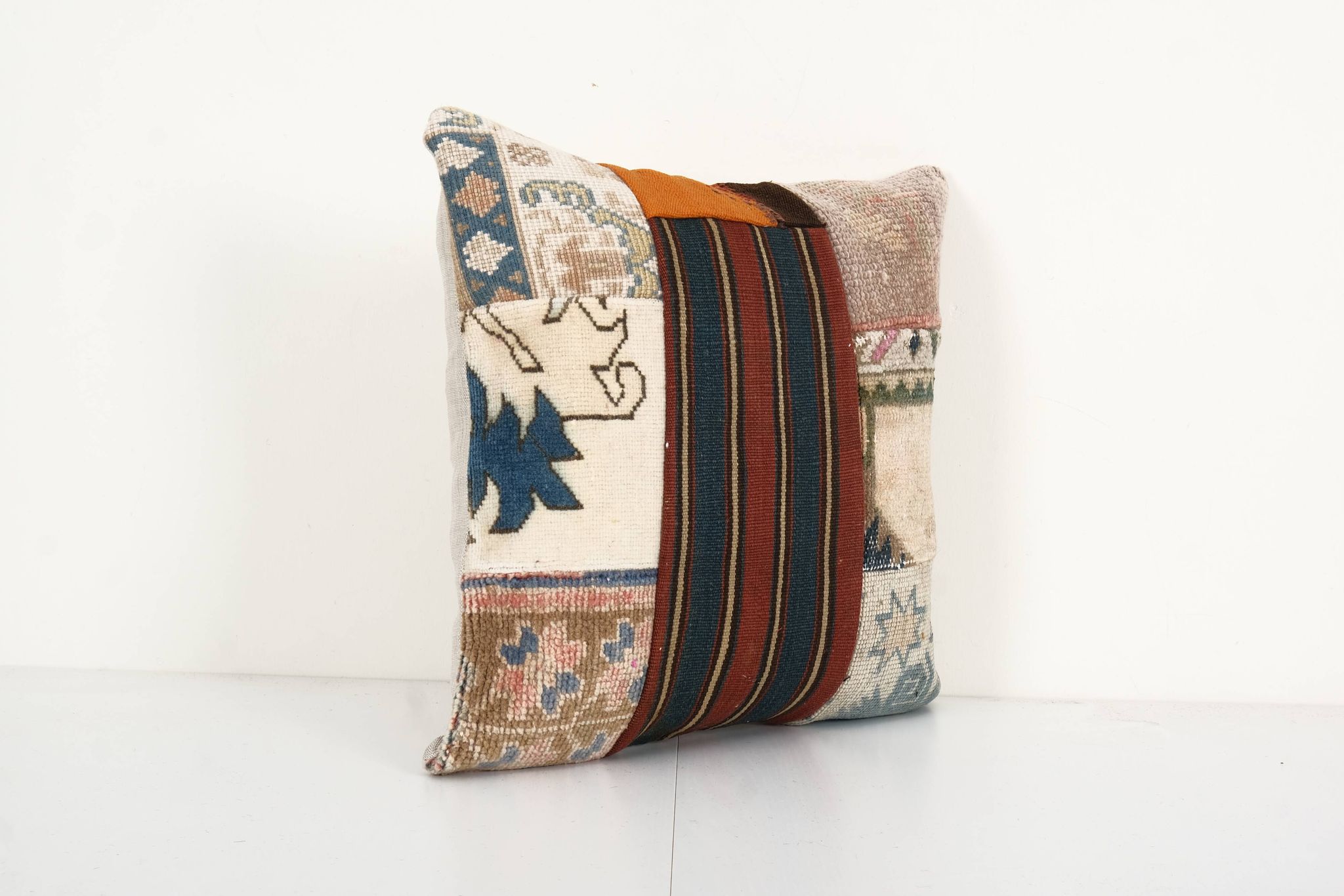 Bohemian patchwork rug pillow cover, square turkish organic cushion with mid century design, vintage