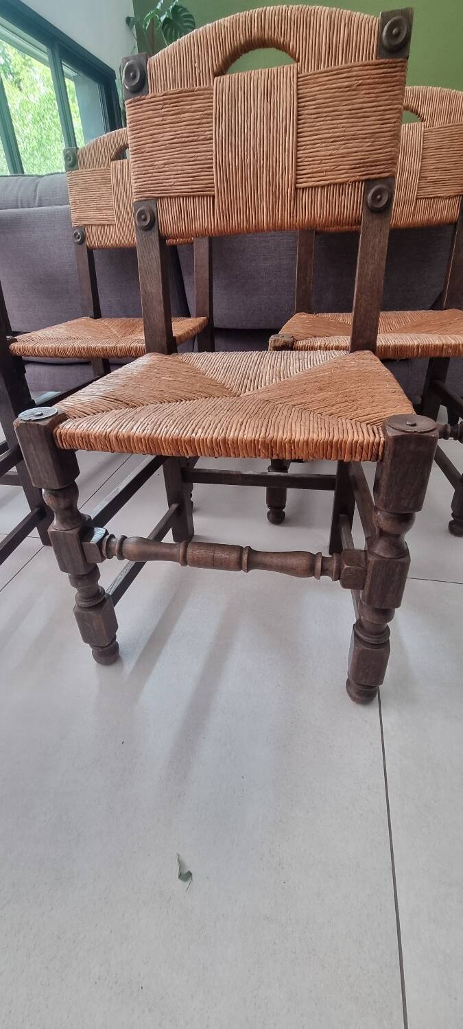 5 straw and wood chairs, brutalist 60s