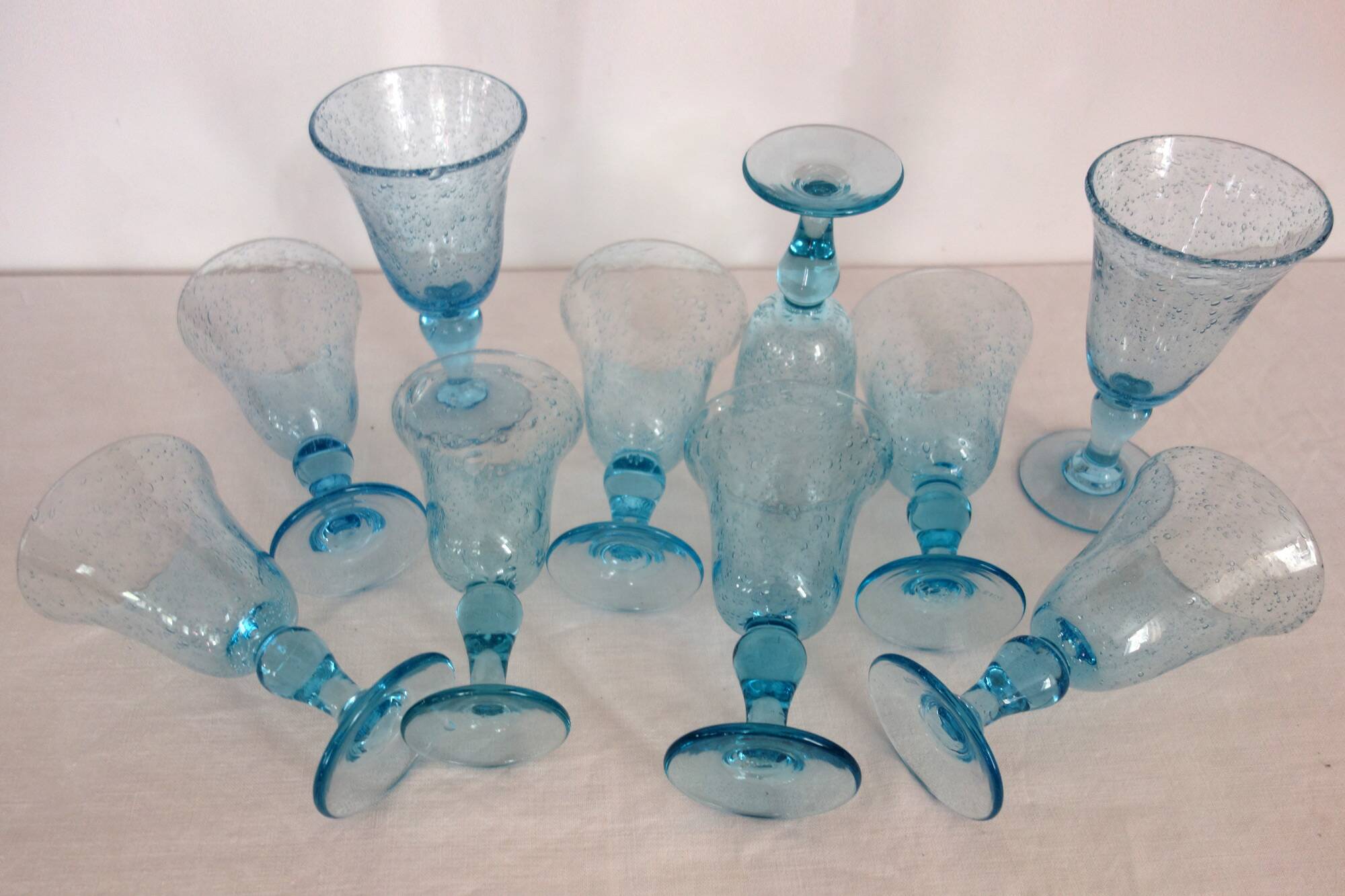 10 footed glasses from the biot glassworks in blown glass.