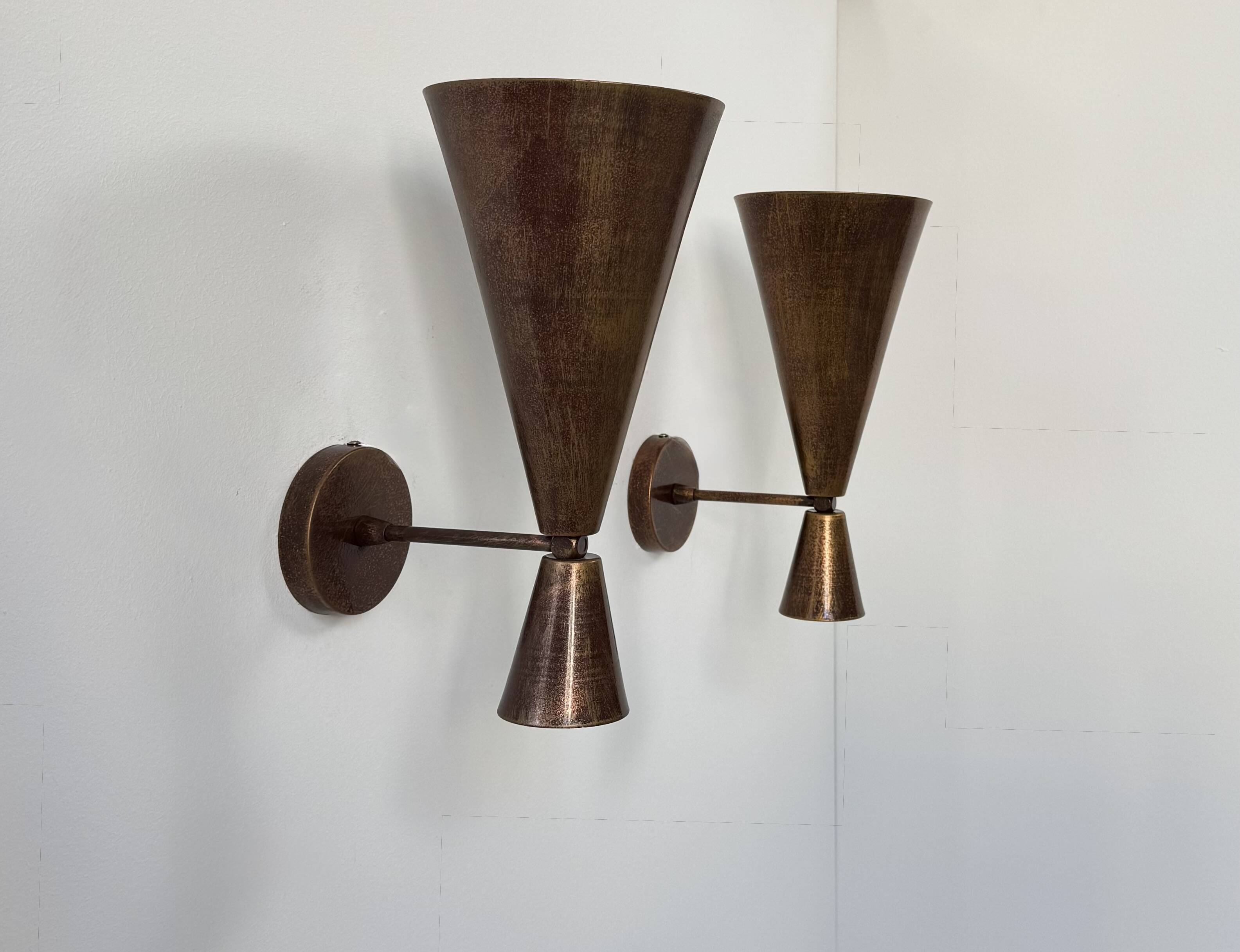 Pair of vintage patinated copper metal wall lights, France, 1980.