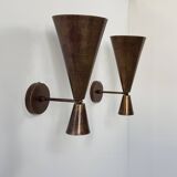 Pair of vintage patinated copper metal wall lights, France, 1980.