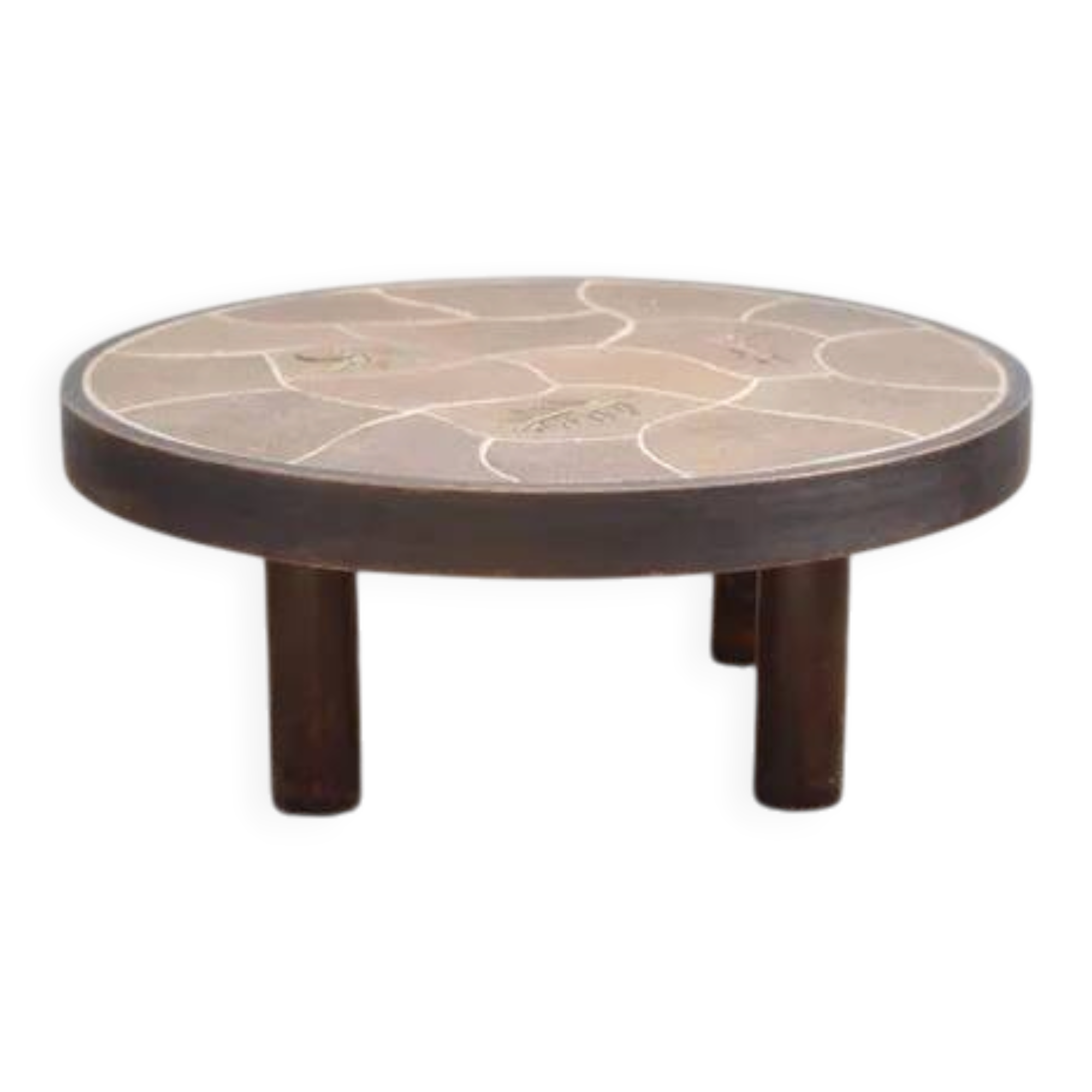 Coffee table signed Barrois, wood and stoneware table with plant decoration, France, interior decor.