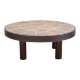 Coffee table signed Barrois, wood and stoneware table with plant decoration, France, interior decor.