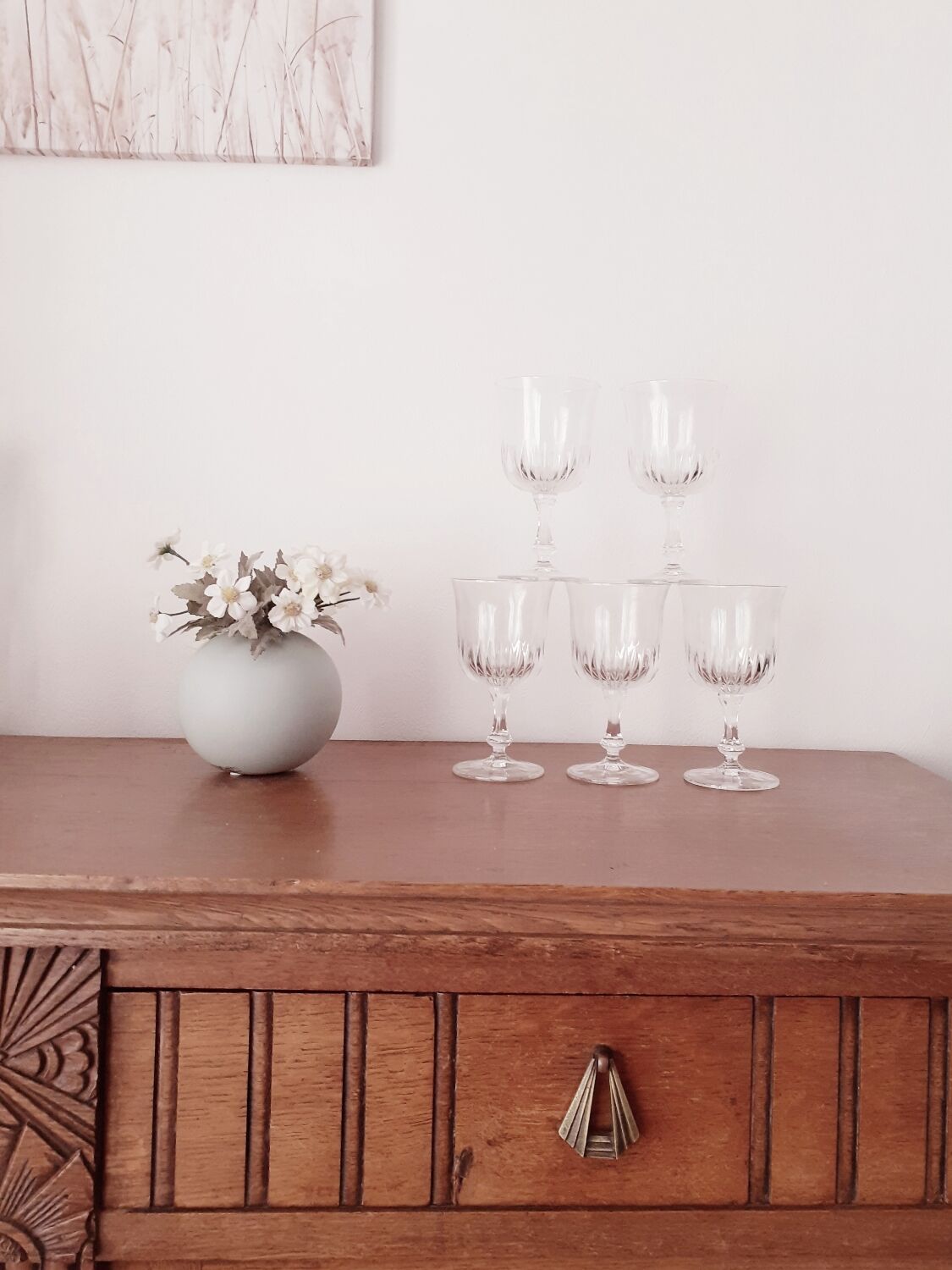 Chiseled stemware, set of 5 vintage water glasses