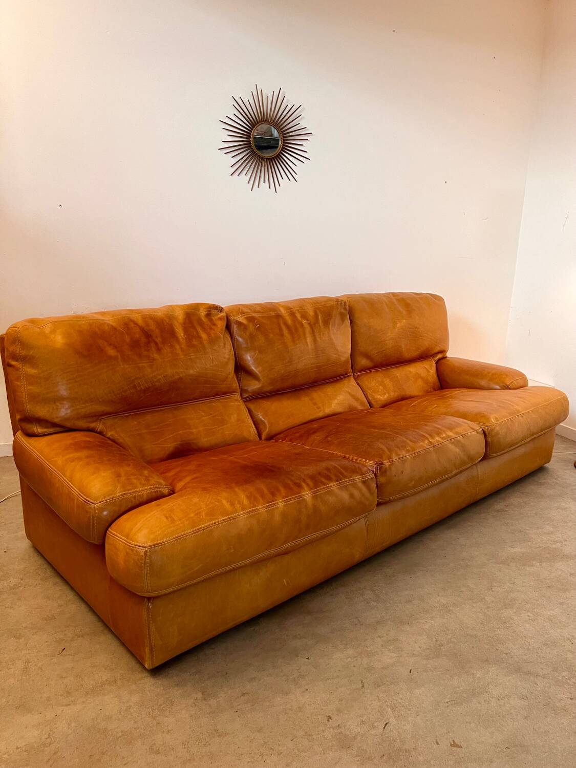 Vintage 3-seater sofa in Camel brown leather design roche bobois France from the 70s