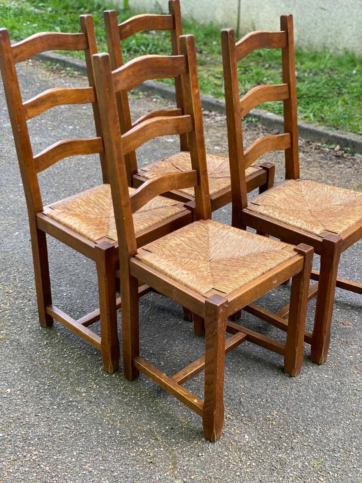 4 dining chairs made of solid wood with straw seats, farmhouse style, medium oak, 1960, 100cm.
