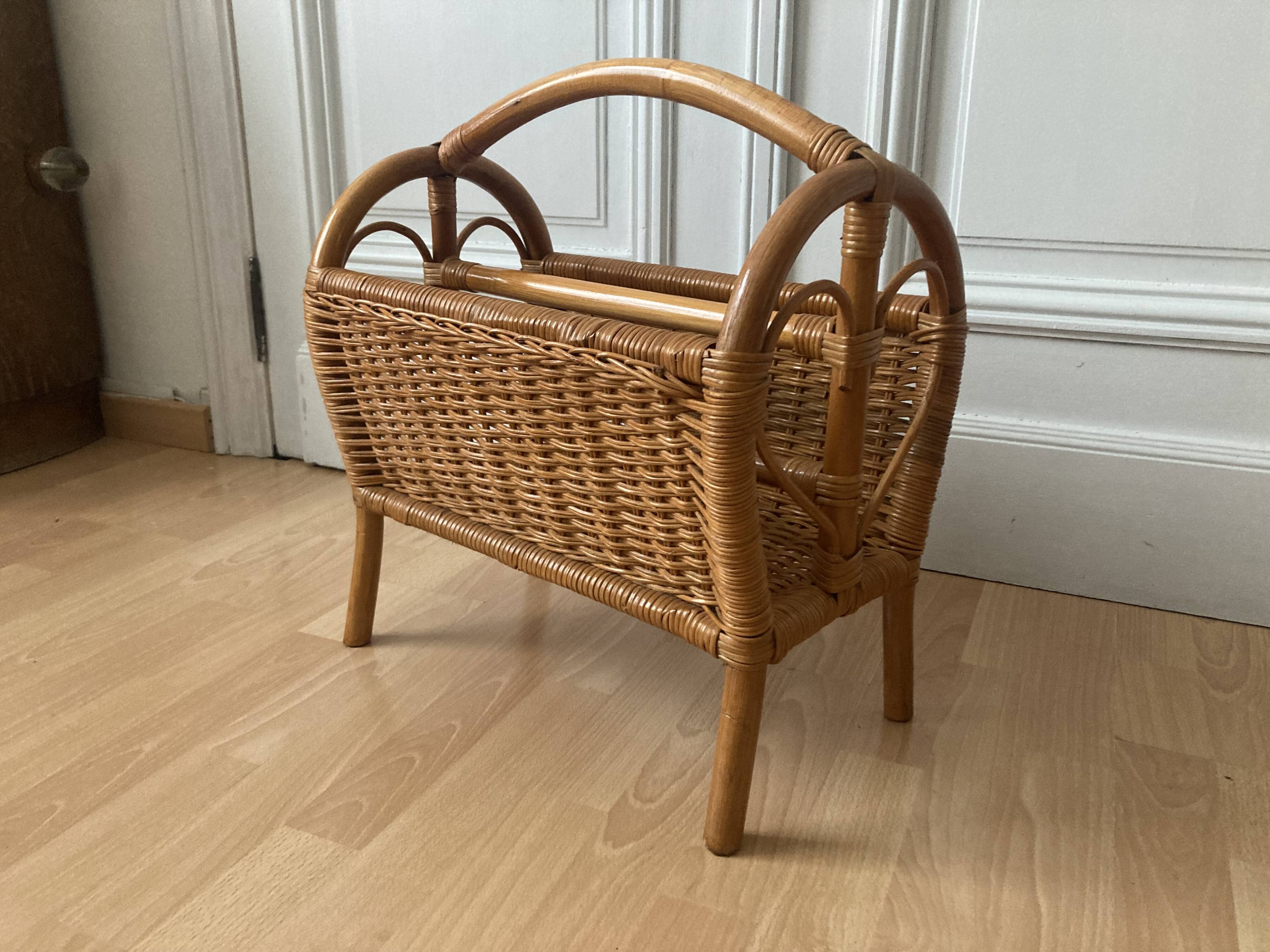 Vintage bamboo rattan magazine holder 70s