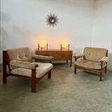 Pair of lounge chairs in wood and designer fabric from the 60s vintage Scandinavian look