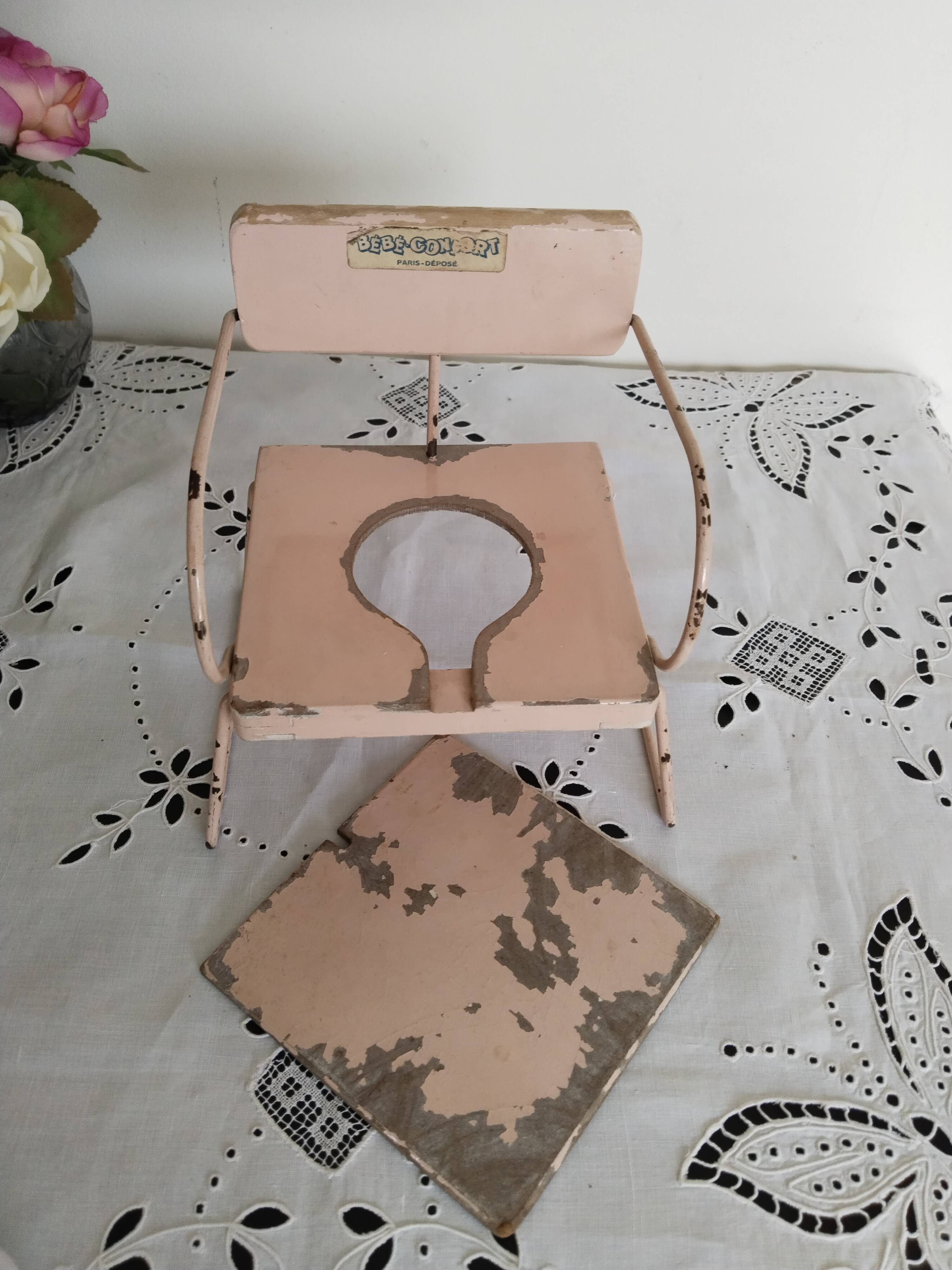 Vintage doll potty chair, wood and metal, pink, Bébéconfort