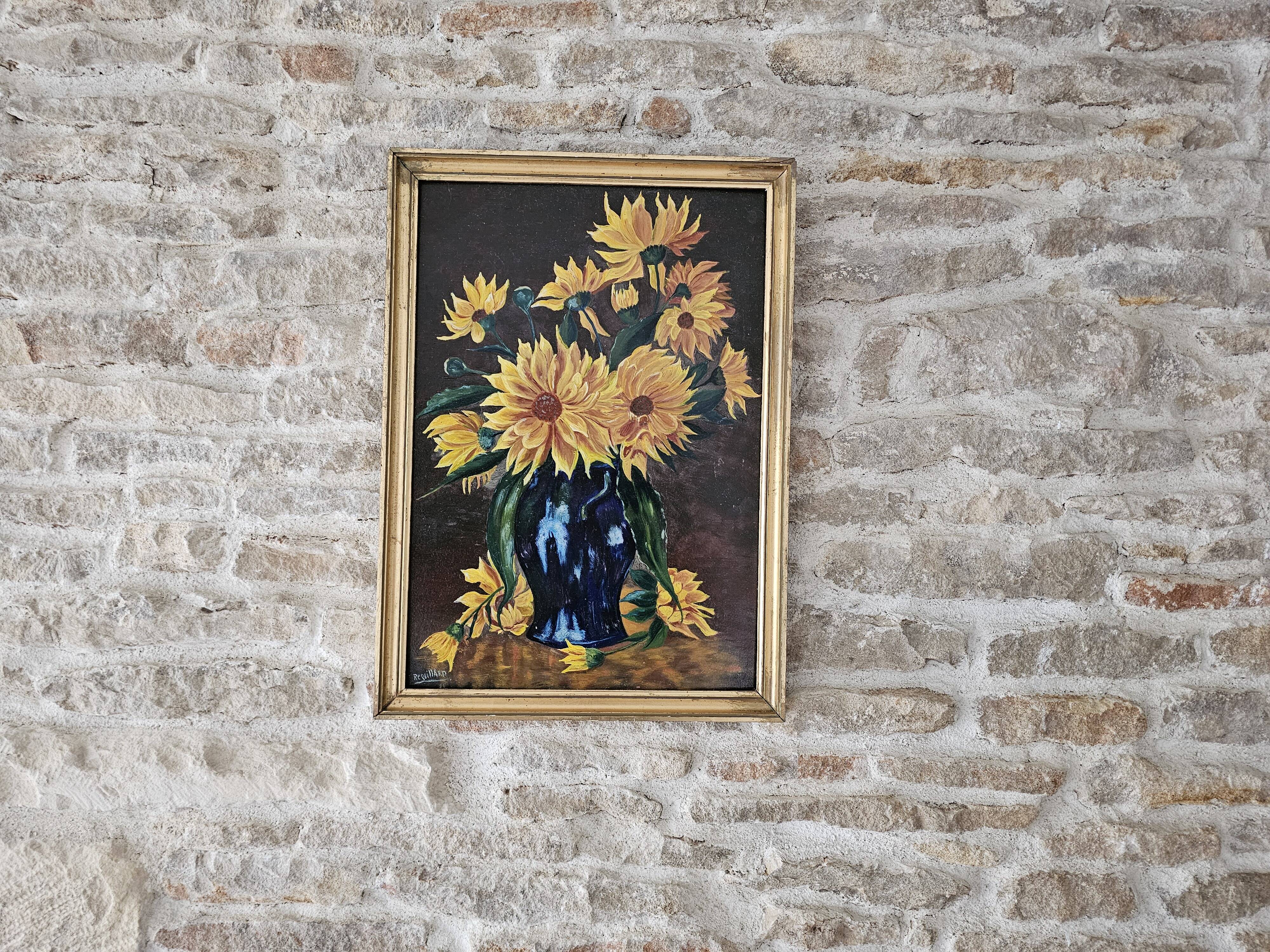 Oil painting on Isorel - Bouquet of yellow flowers Signed Rervillard