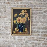Oil painting on Isorel - Bouquet of yellow flowers Signed Rervillard