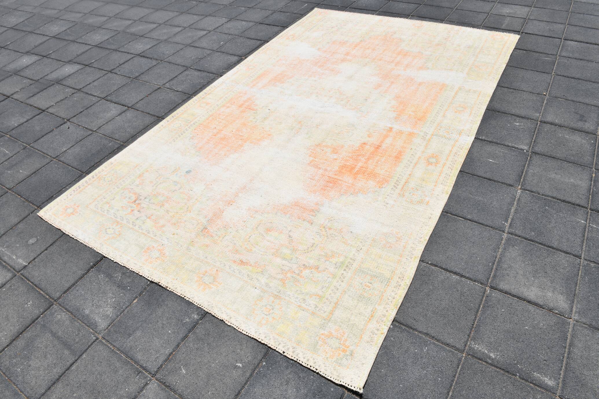 Tapis Oushak Vintage, Laine Turque Pêche & Ivoire, 179x294 Cm