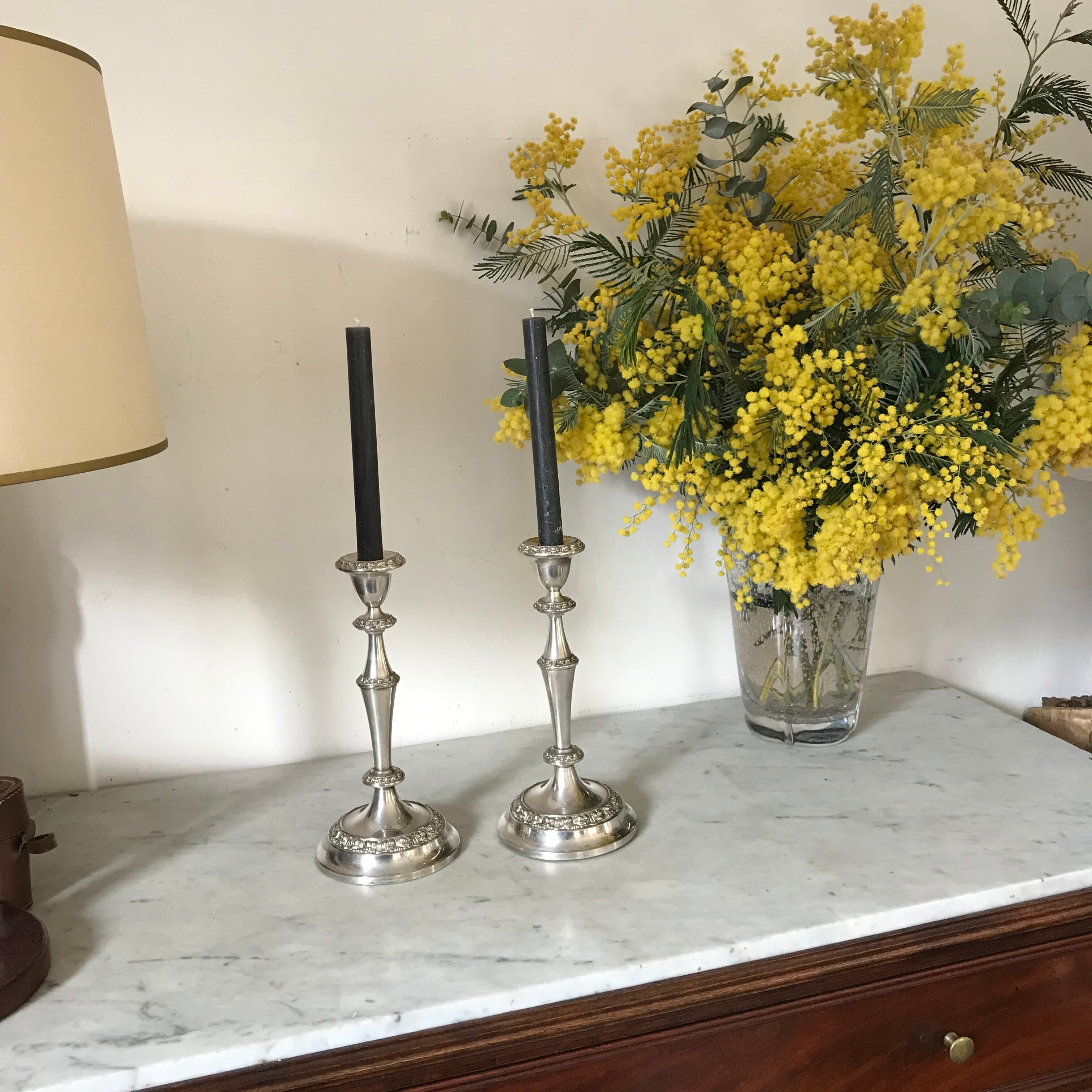 Pair of silver metal candlesticks