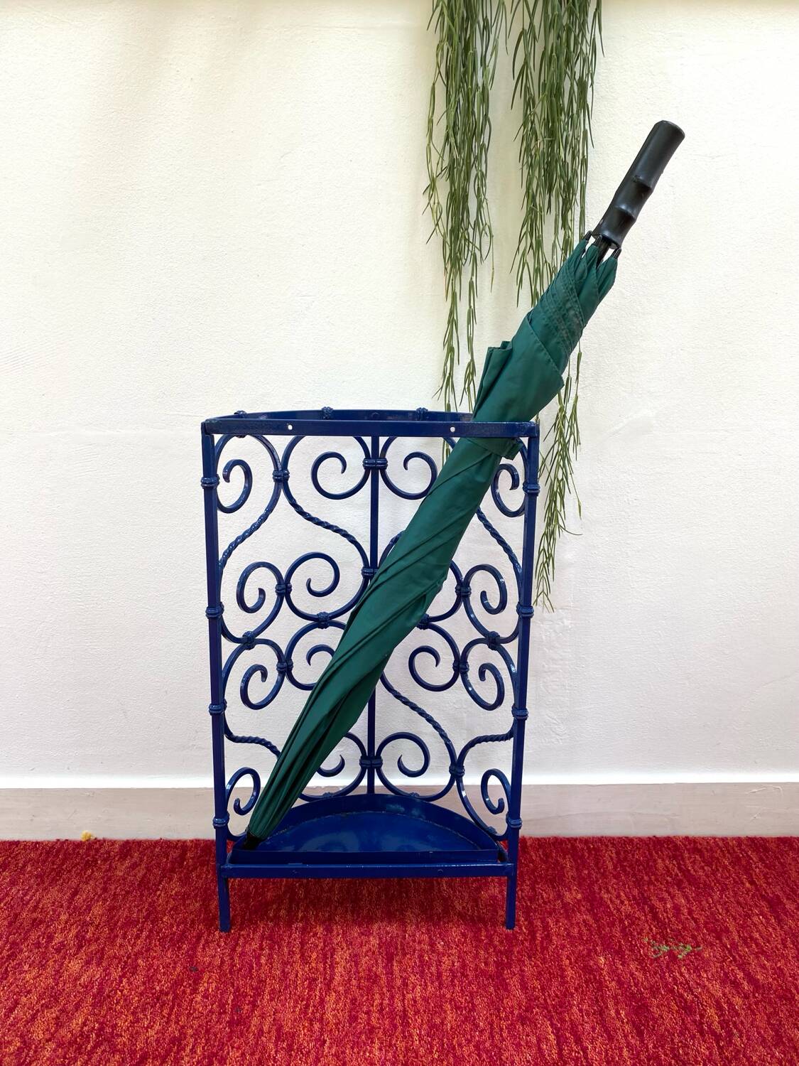 Blue wrought iron umbrella stand from the 70s