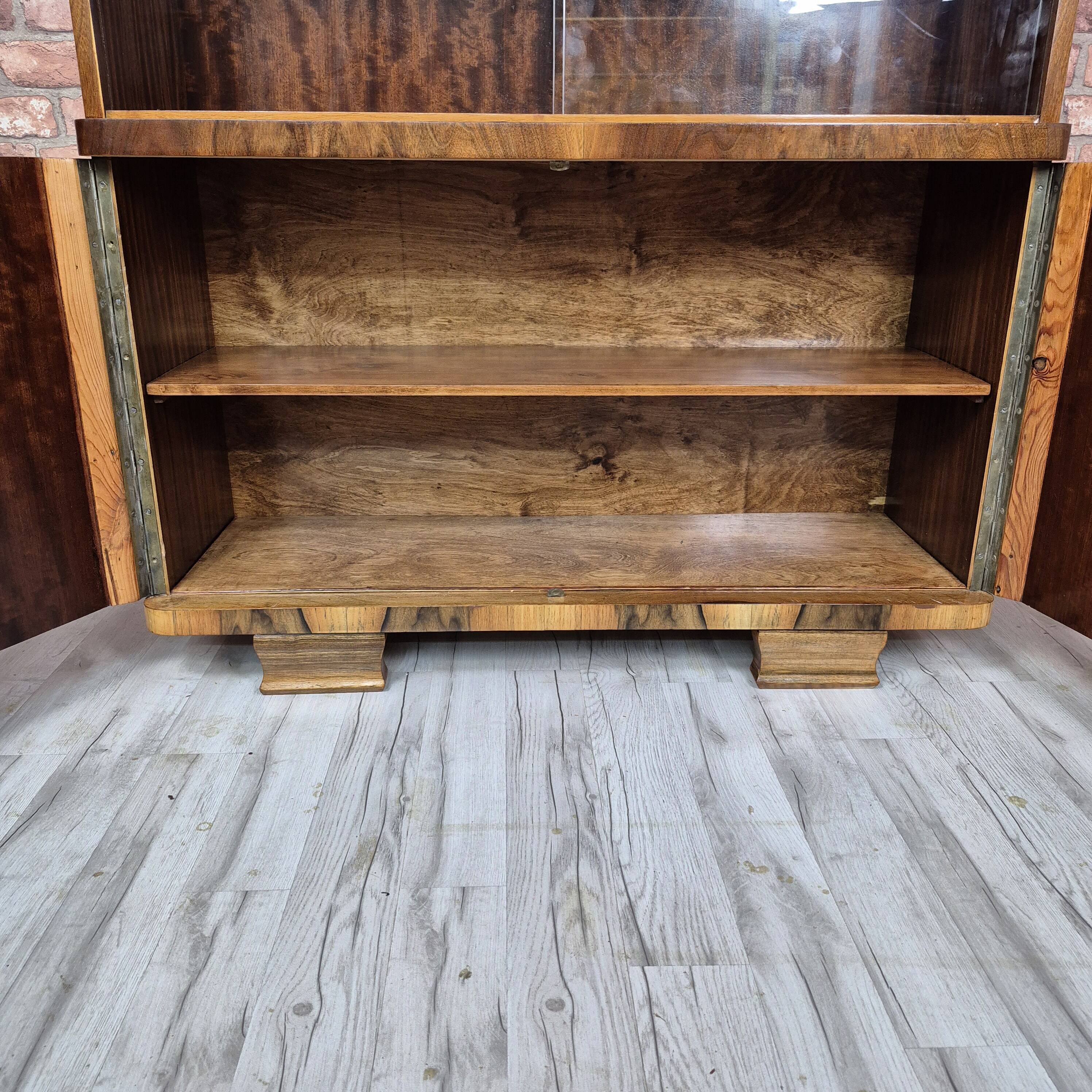 Restored 1950s Art Deco Style Bookcase Display Cabinet with Flame Veneer