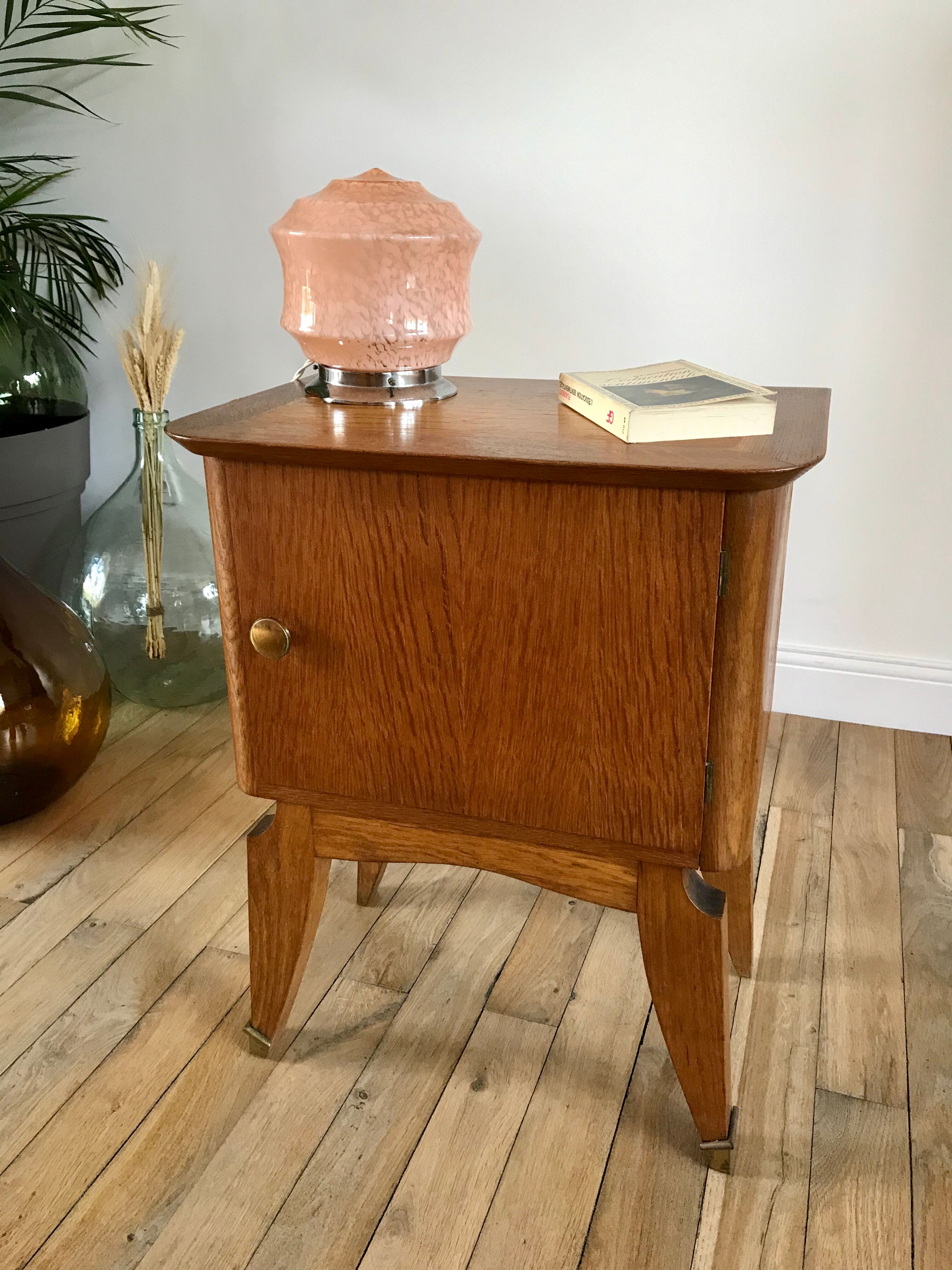 Bedside table in oak and brass 50s