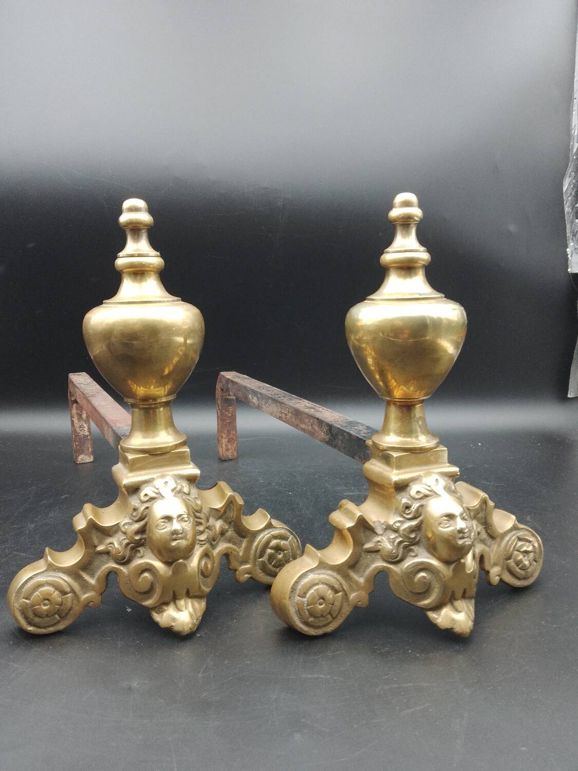 Pair of Fireplace Andirons in Brass Decor Cast Iron Marmousets Louis XIV Loft Style