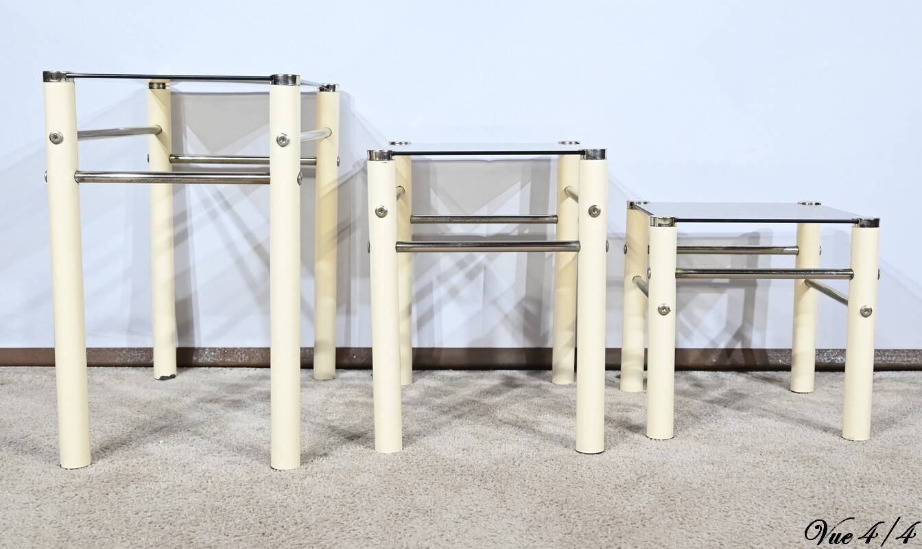 Tables Gigognes en Métal Beige, attribuées à Yves Boutboul – 1970
