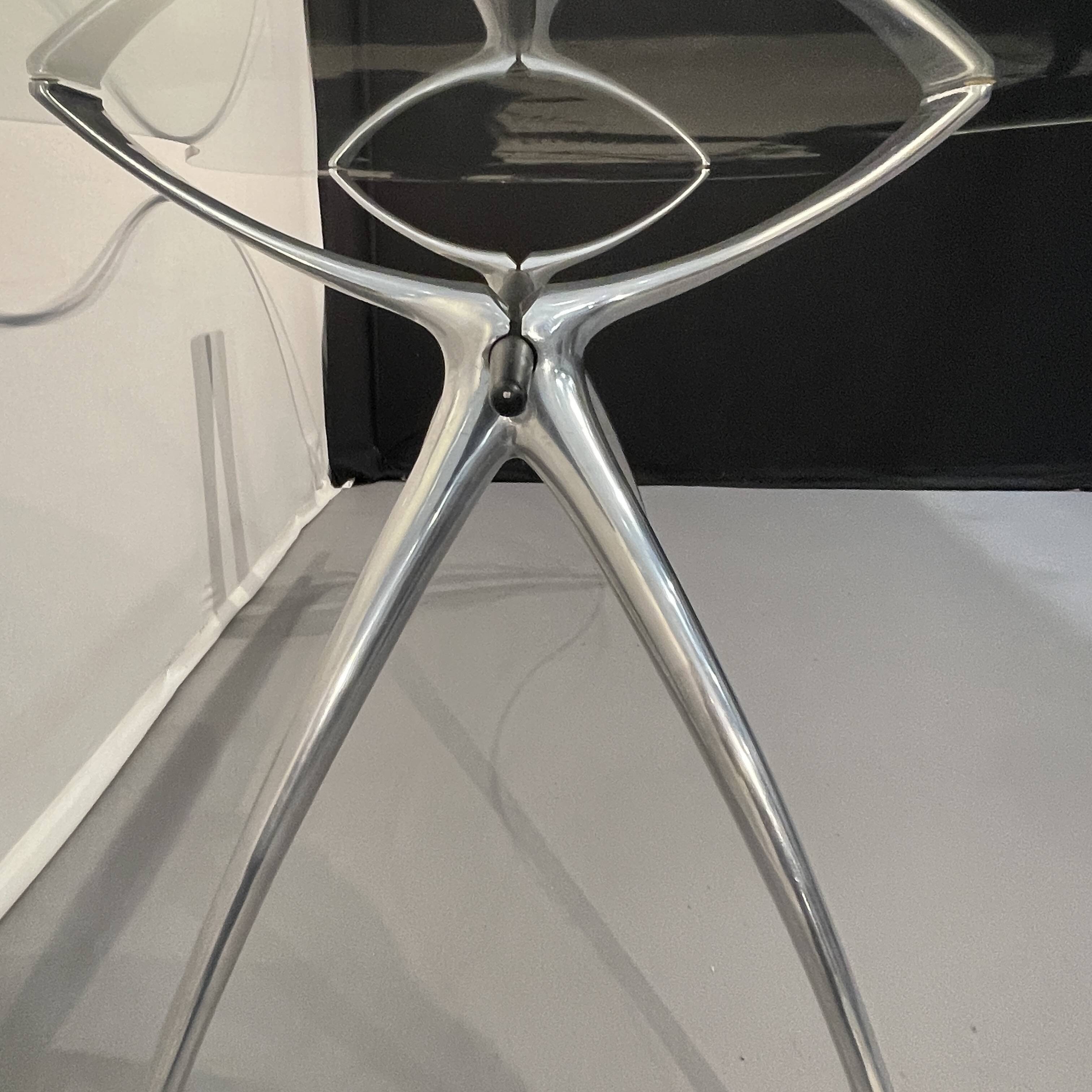 Bernard dequet, table bureau en aluminium brossé et verre "rognon", design