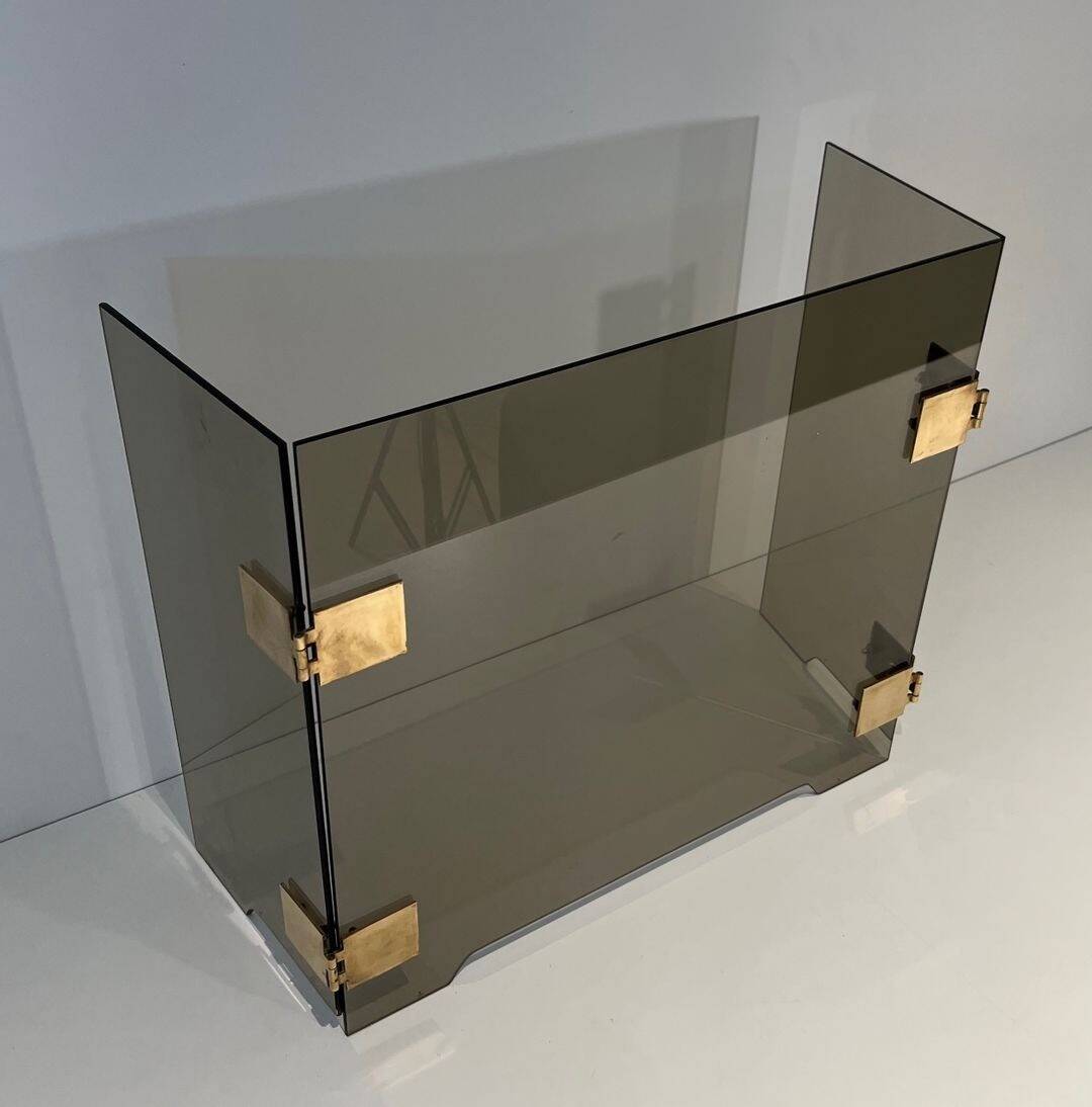 Three-Panel Folding Fire Screen in Smoked Glass with Polished Brass Hinges,