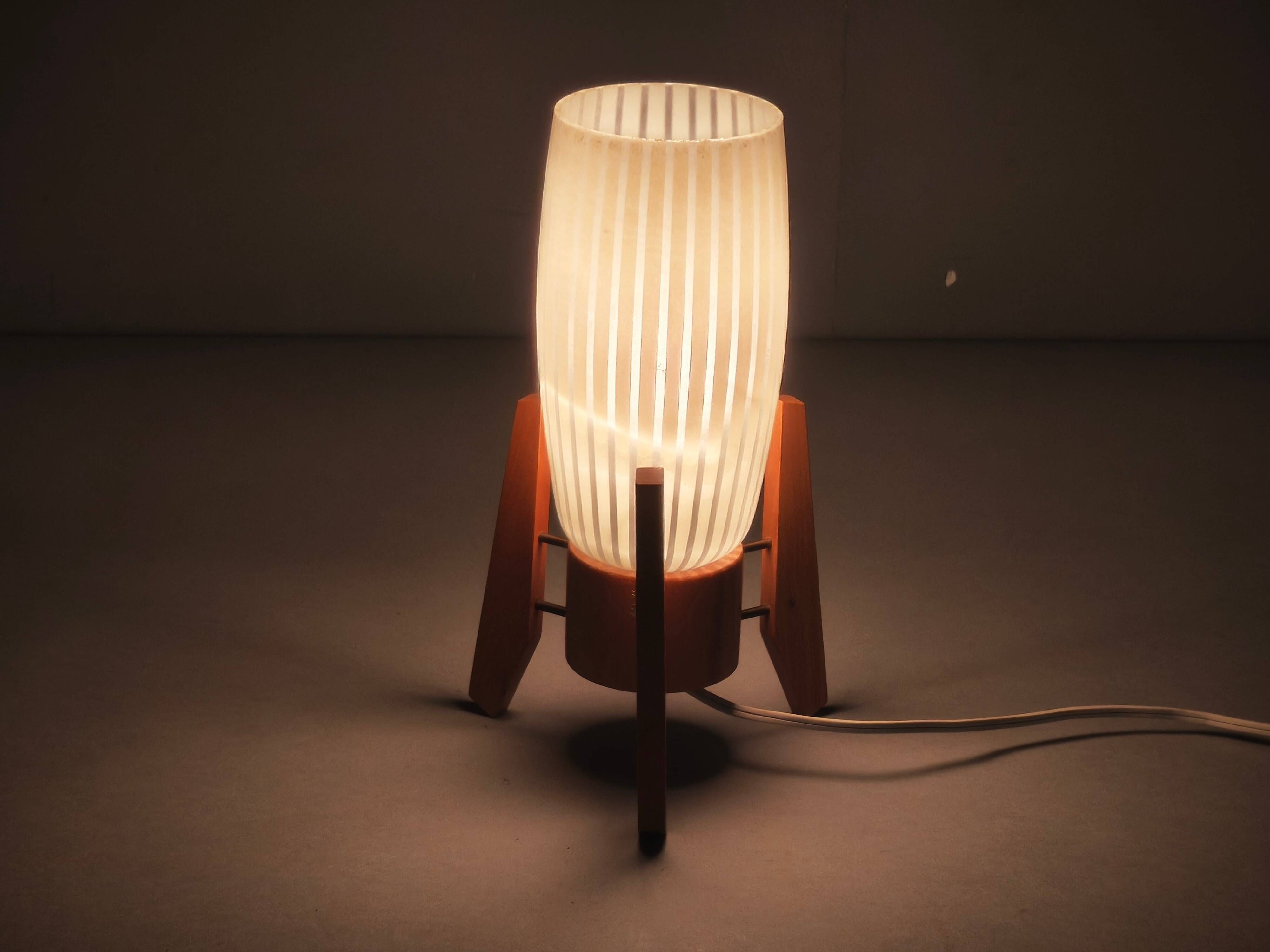 1970s Czech Mid-Century Glass and Wood Tripod Table Lamp by Dřevo Humpolec