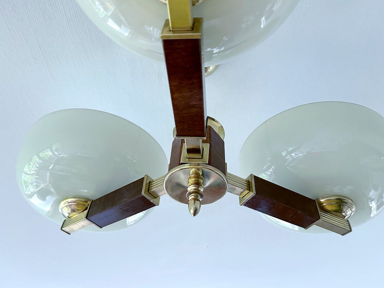 Large Art Deco pendant light in wood and glass, 1930s